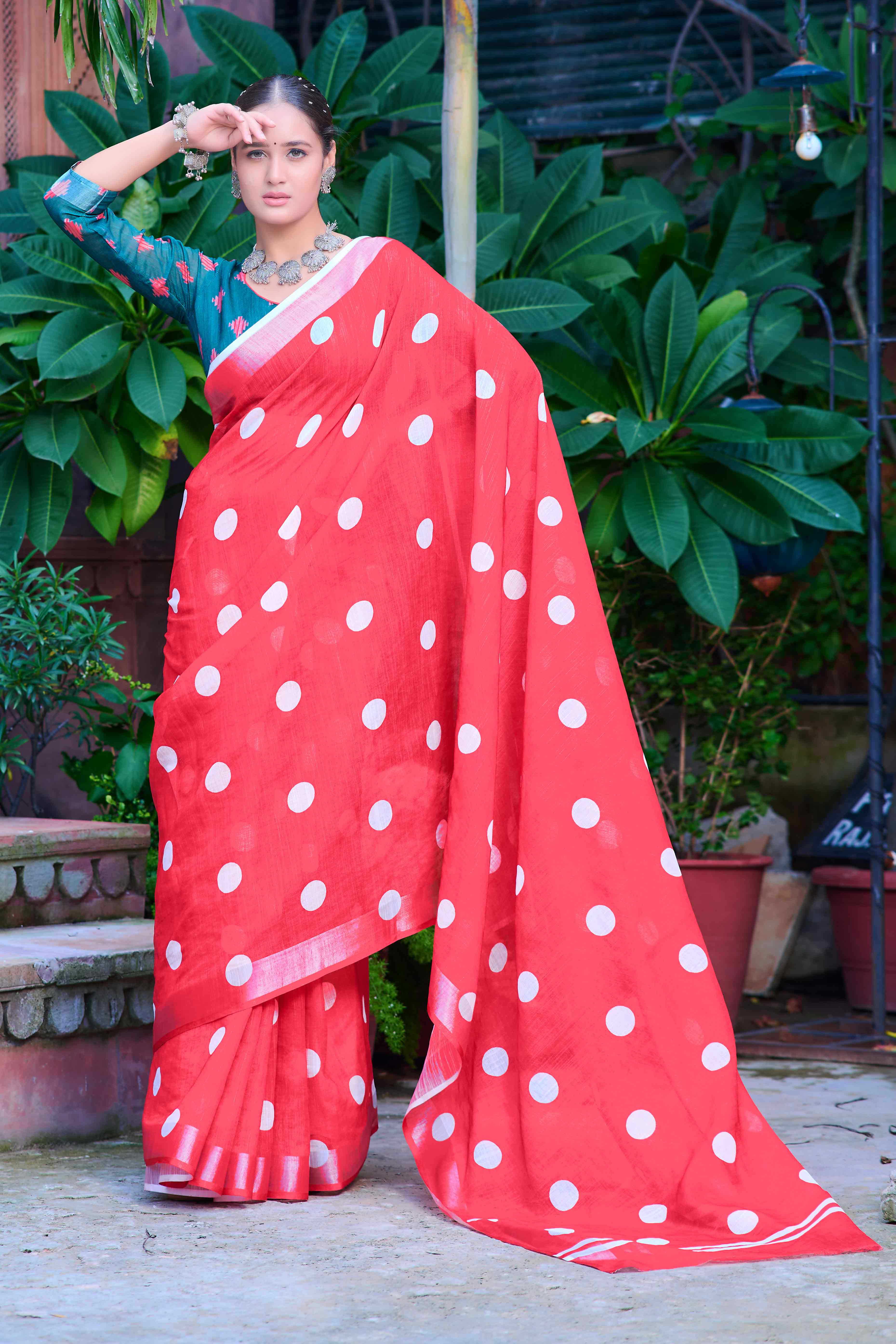 Red Polka Dot Printed Linen Saree