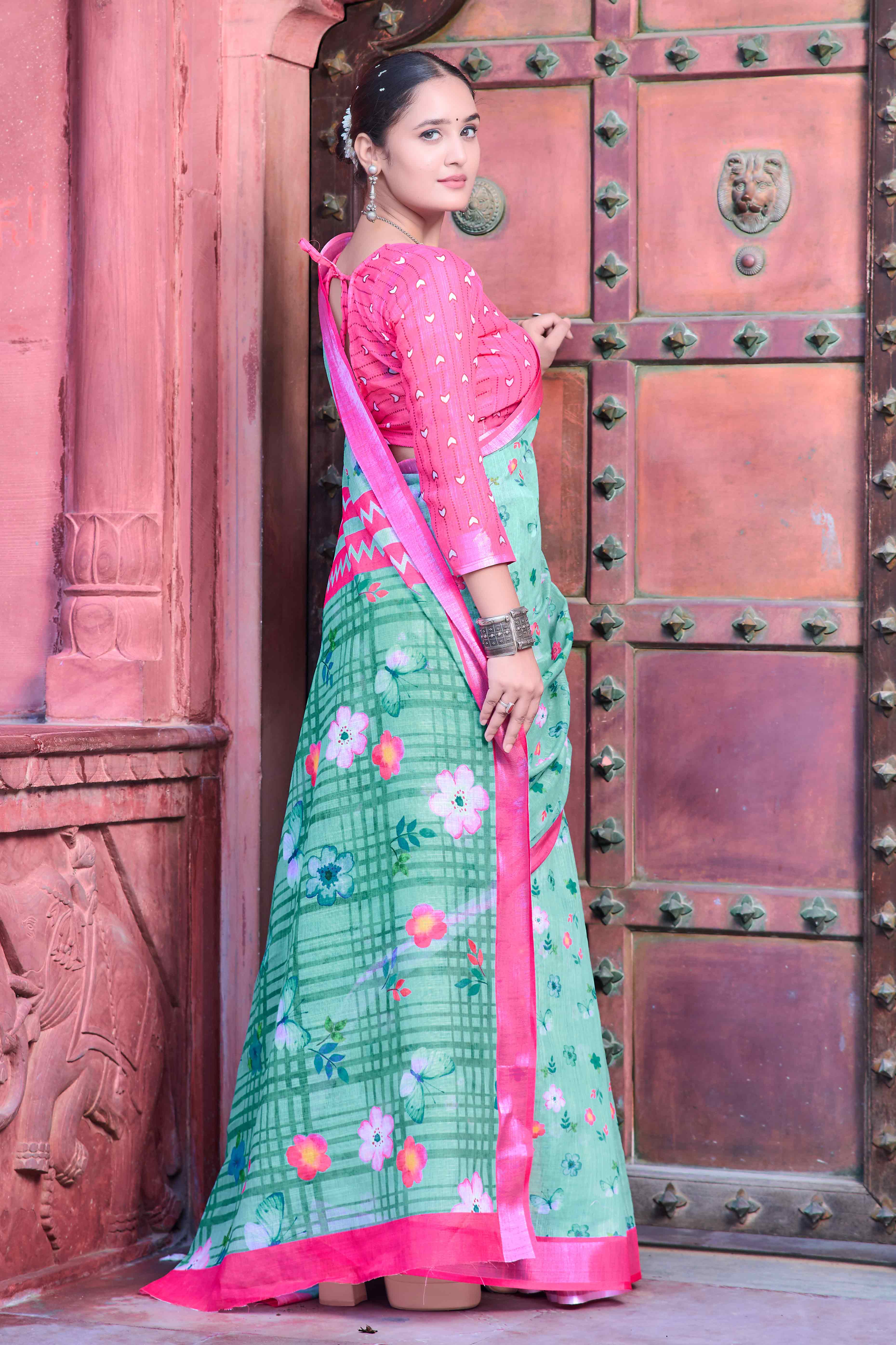 Sea Green Floral Printed Linen Saree