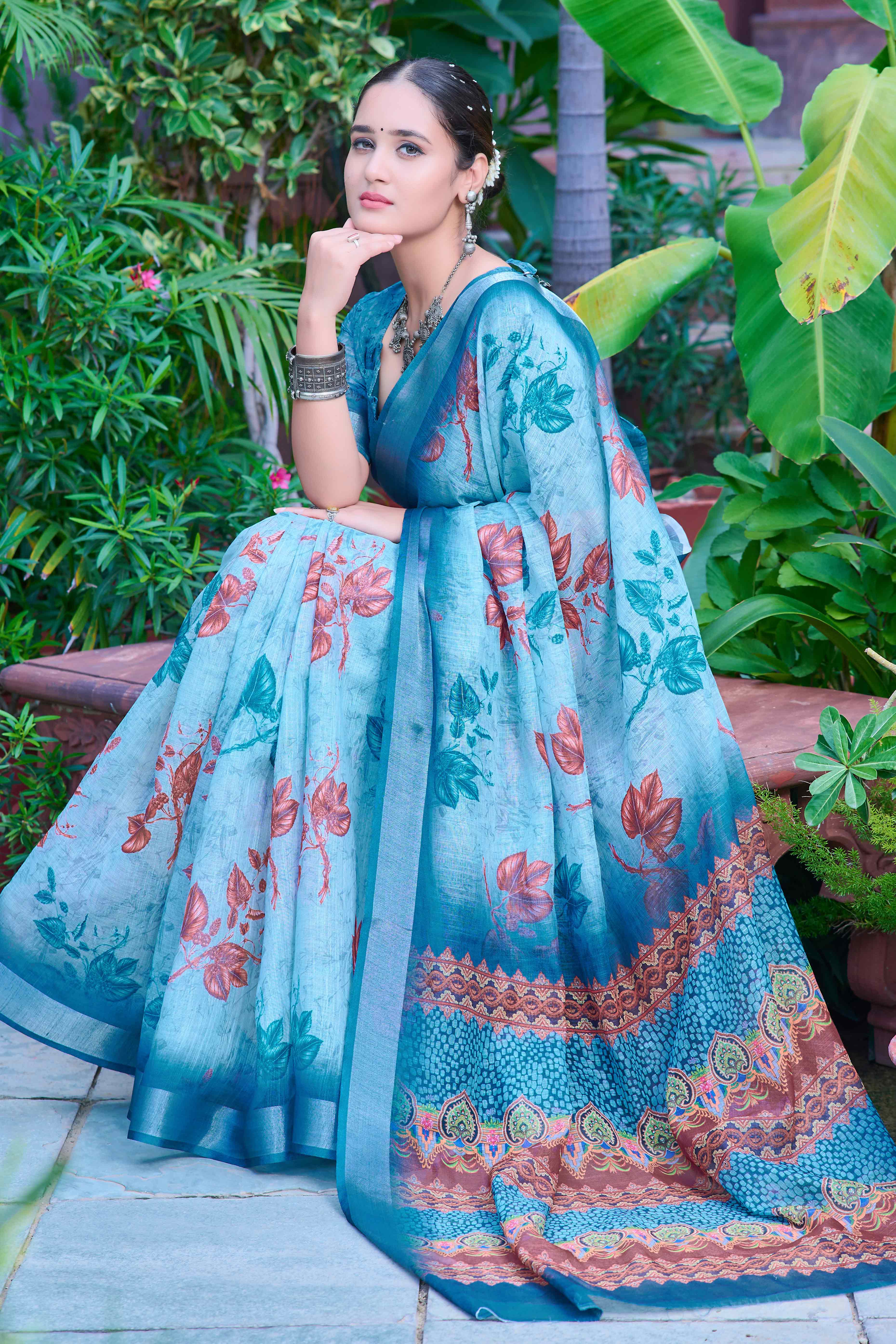 Sky Blue Floral Printed Linen Saree