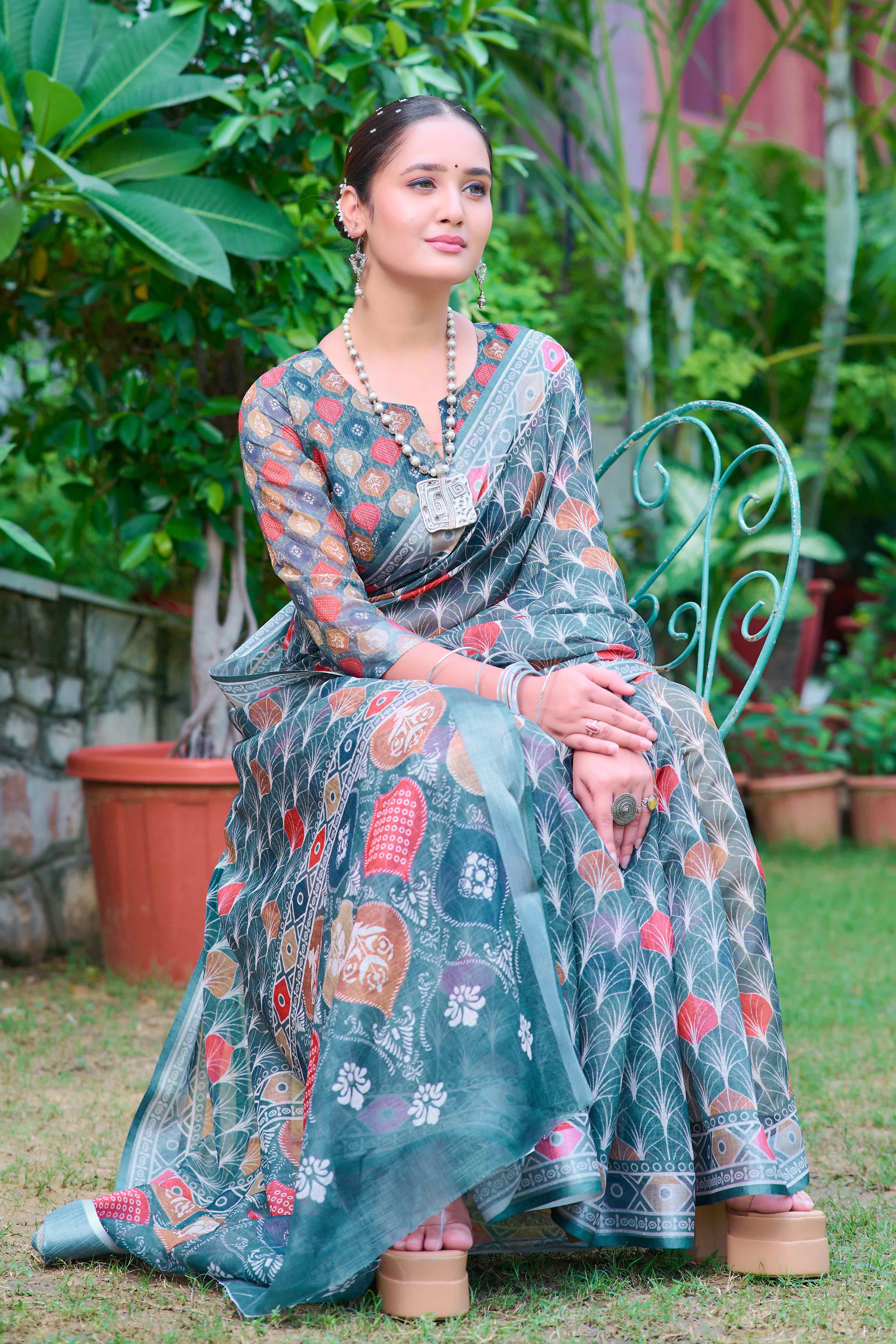 Teal Floral Printed Linen Saree