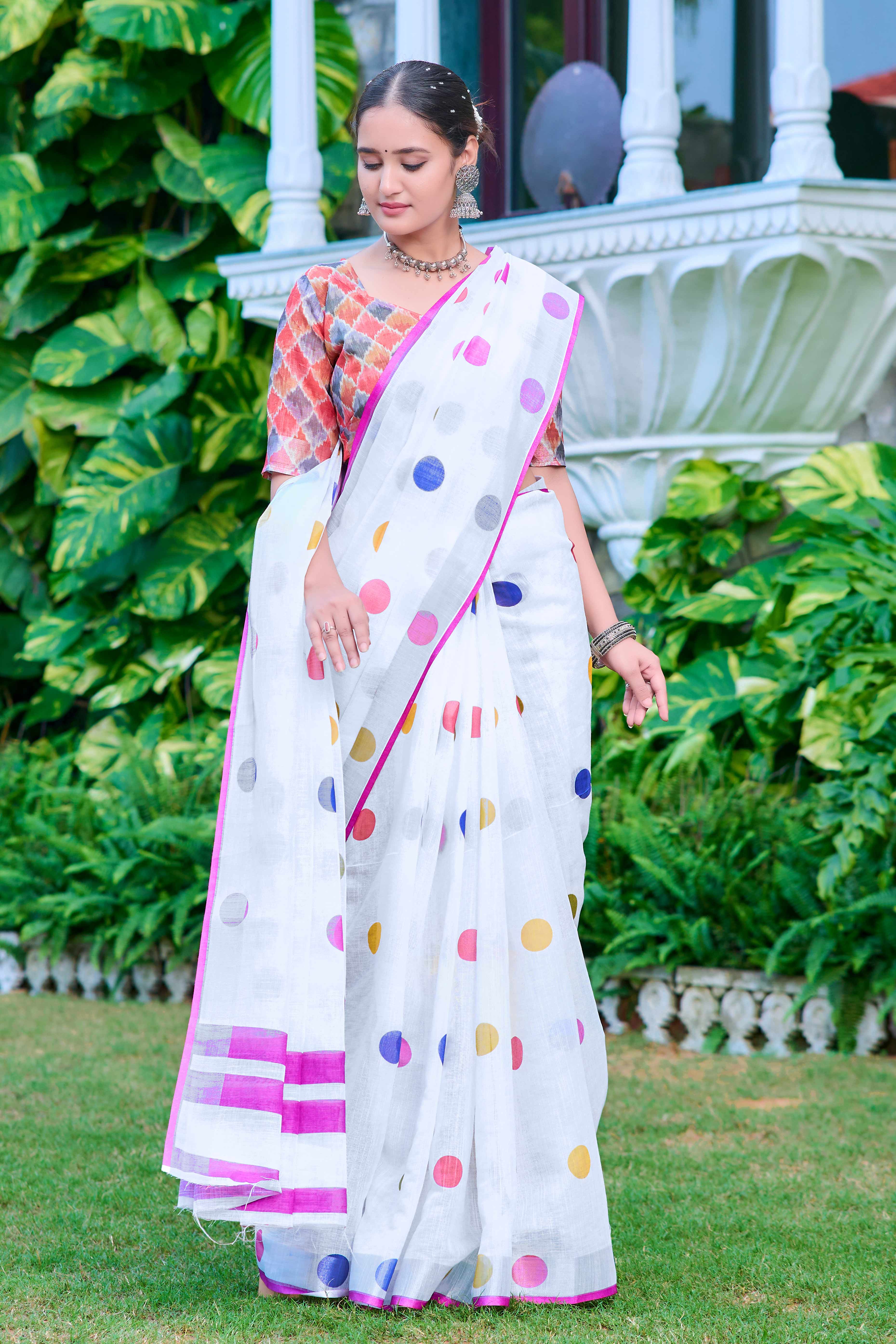 White Polka Dot Printed Linen Saree