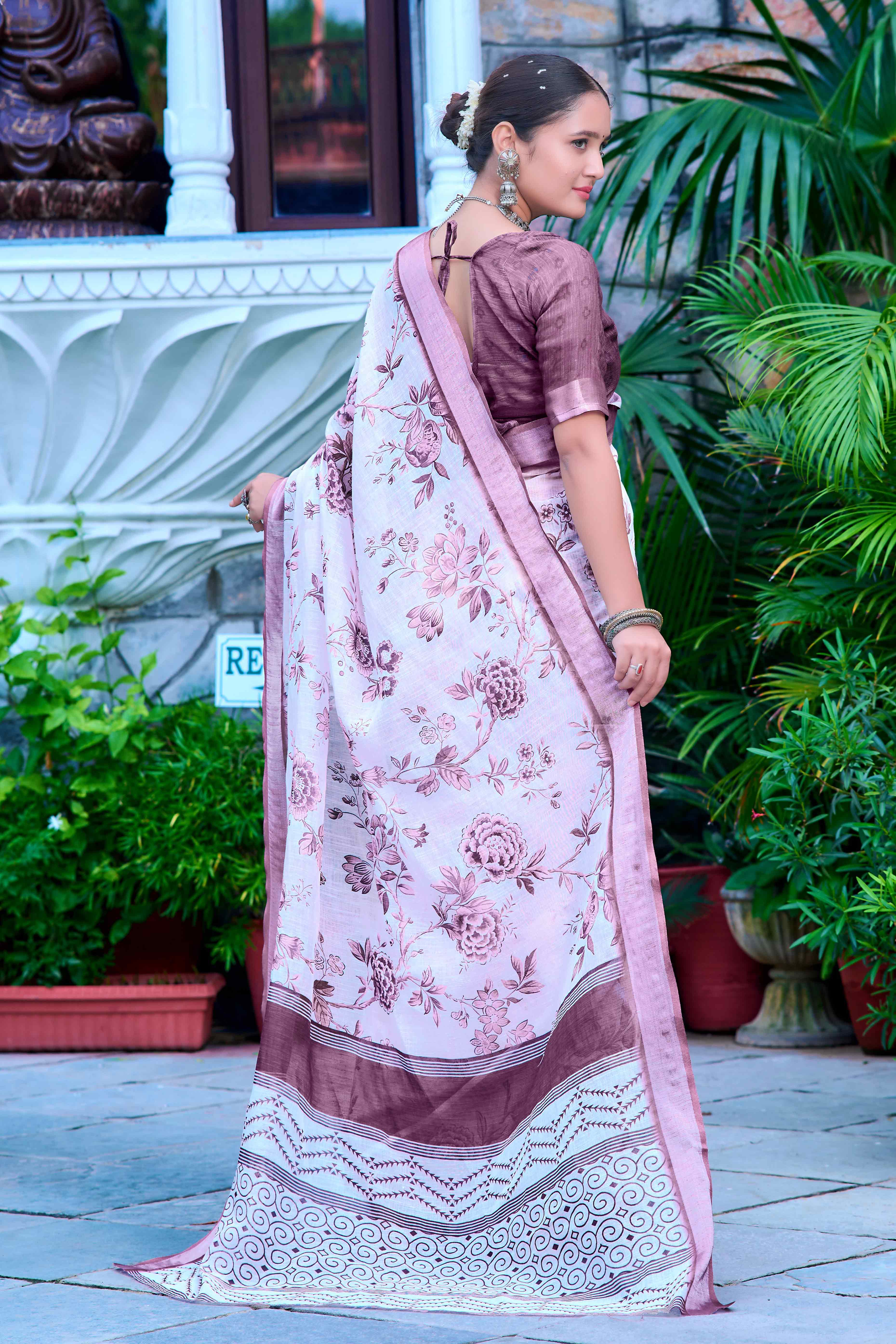 White Floral Printed Linen Saree