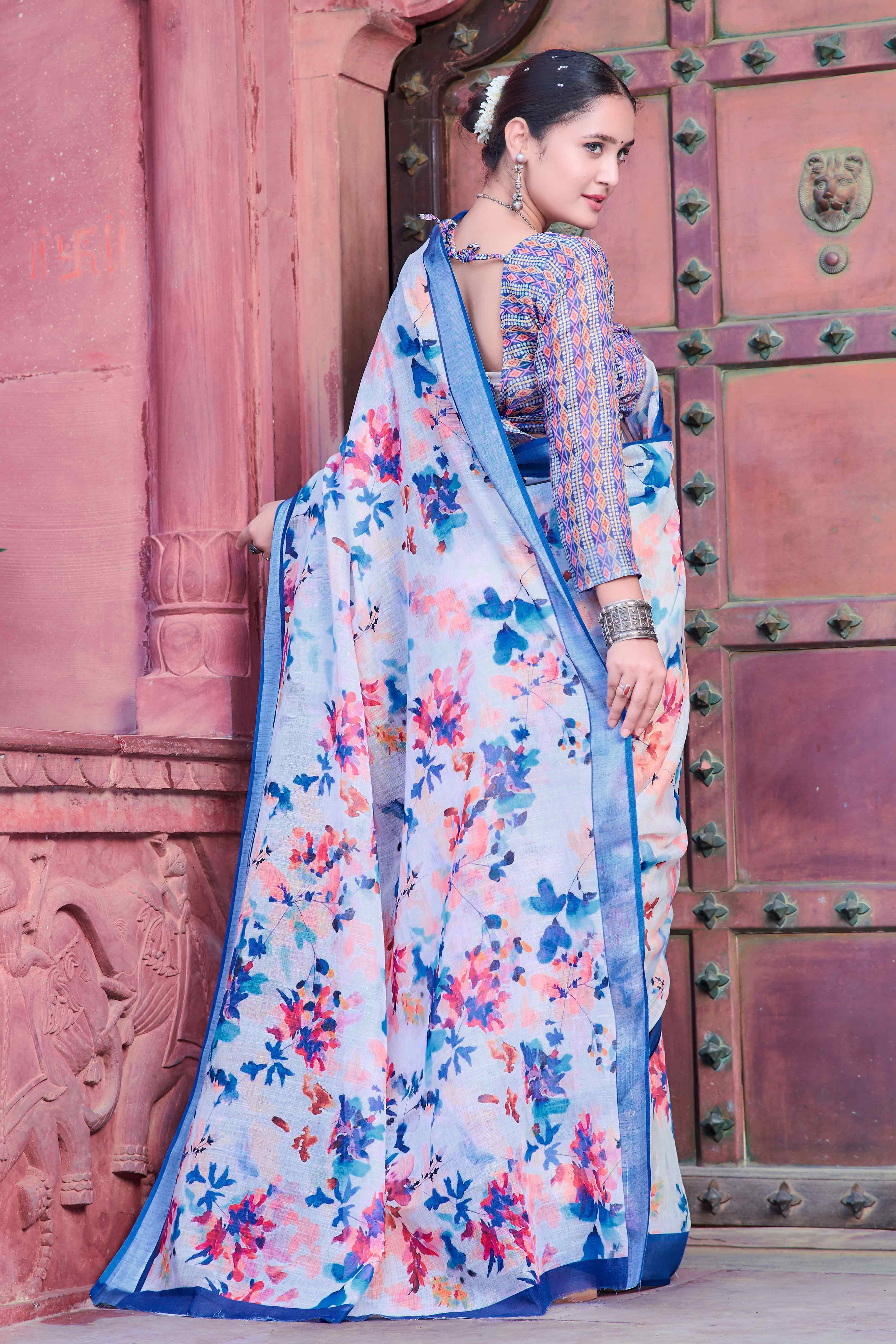 White Floral Printed Linen Saree