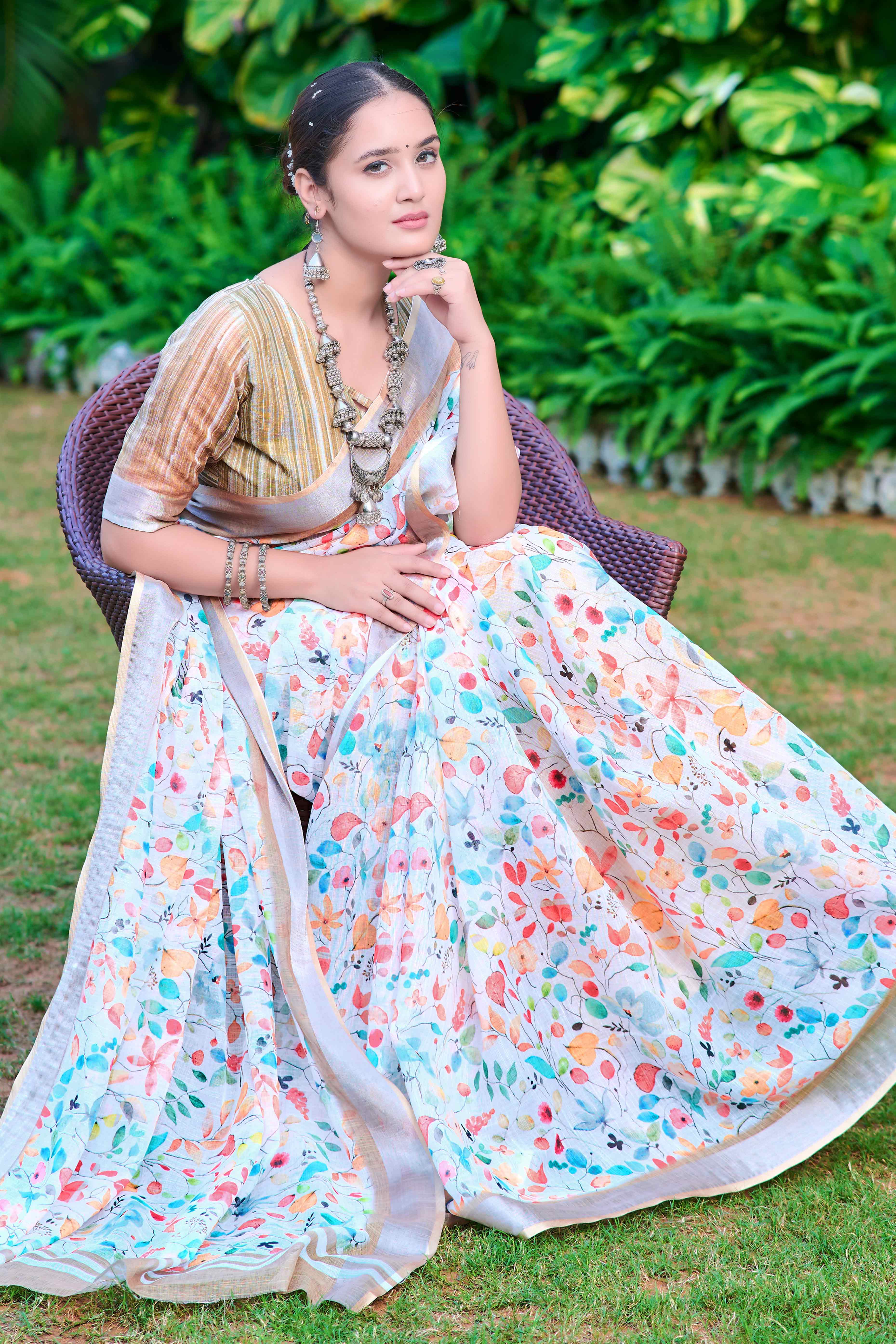 White & Blue Floral Printed Linen Saree