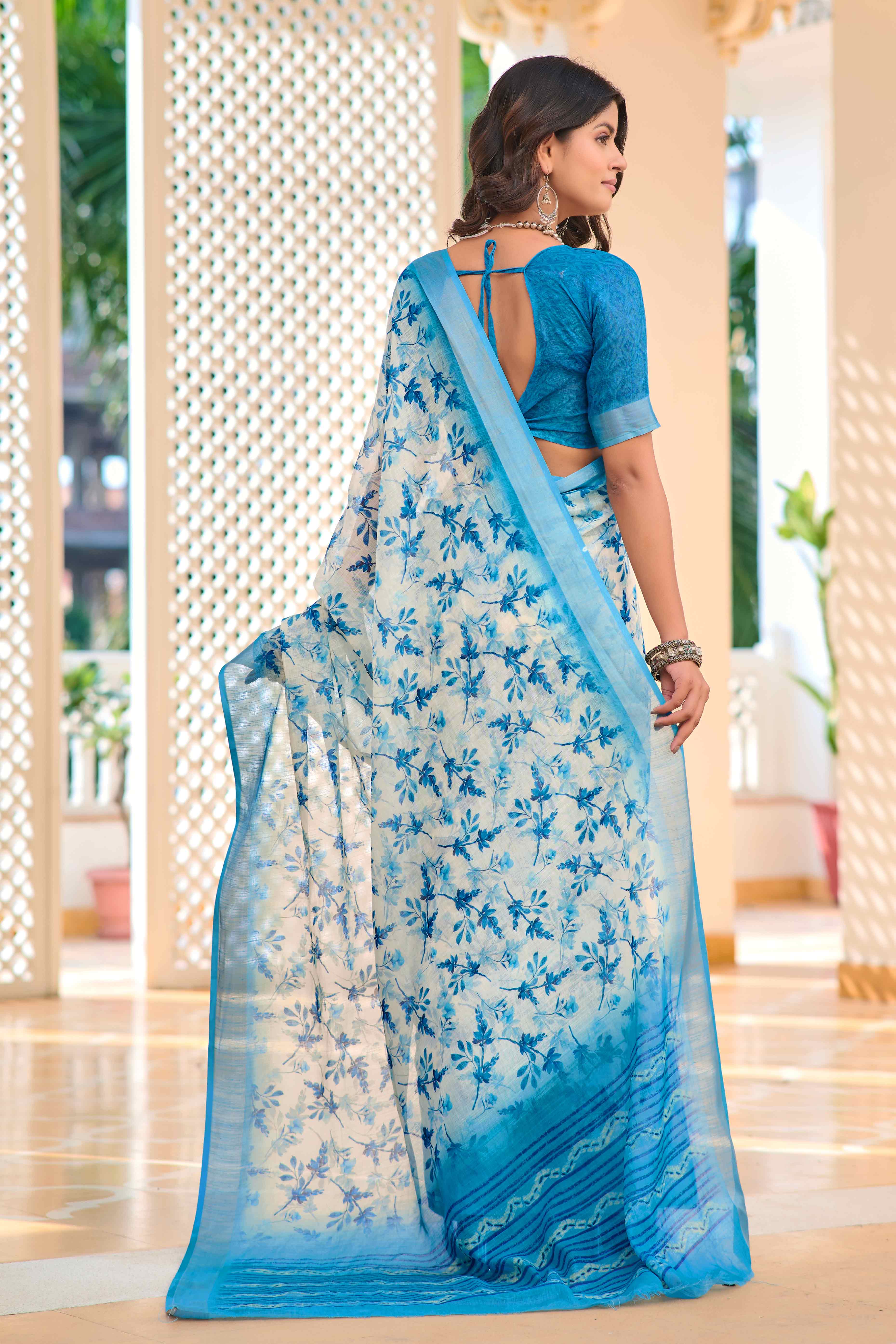White & Blue Floral Printed Linen Saree