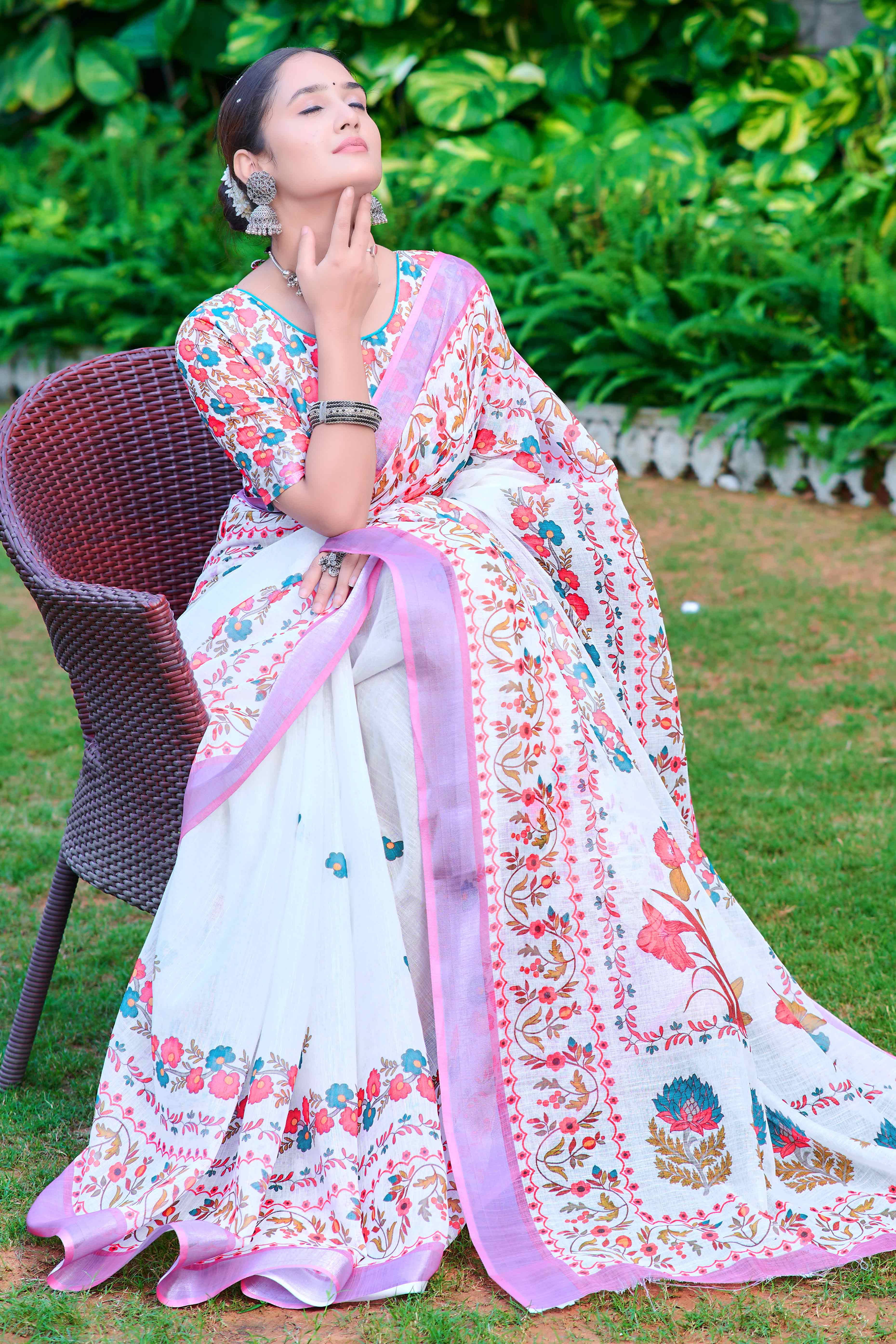 White & Pink Floral Printed Linen Saree