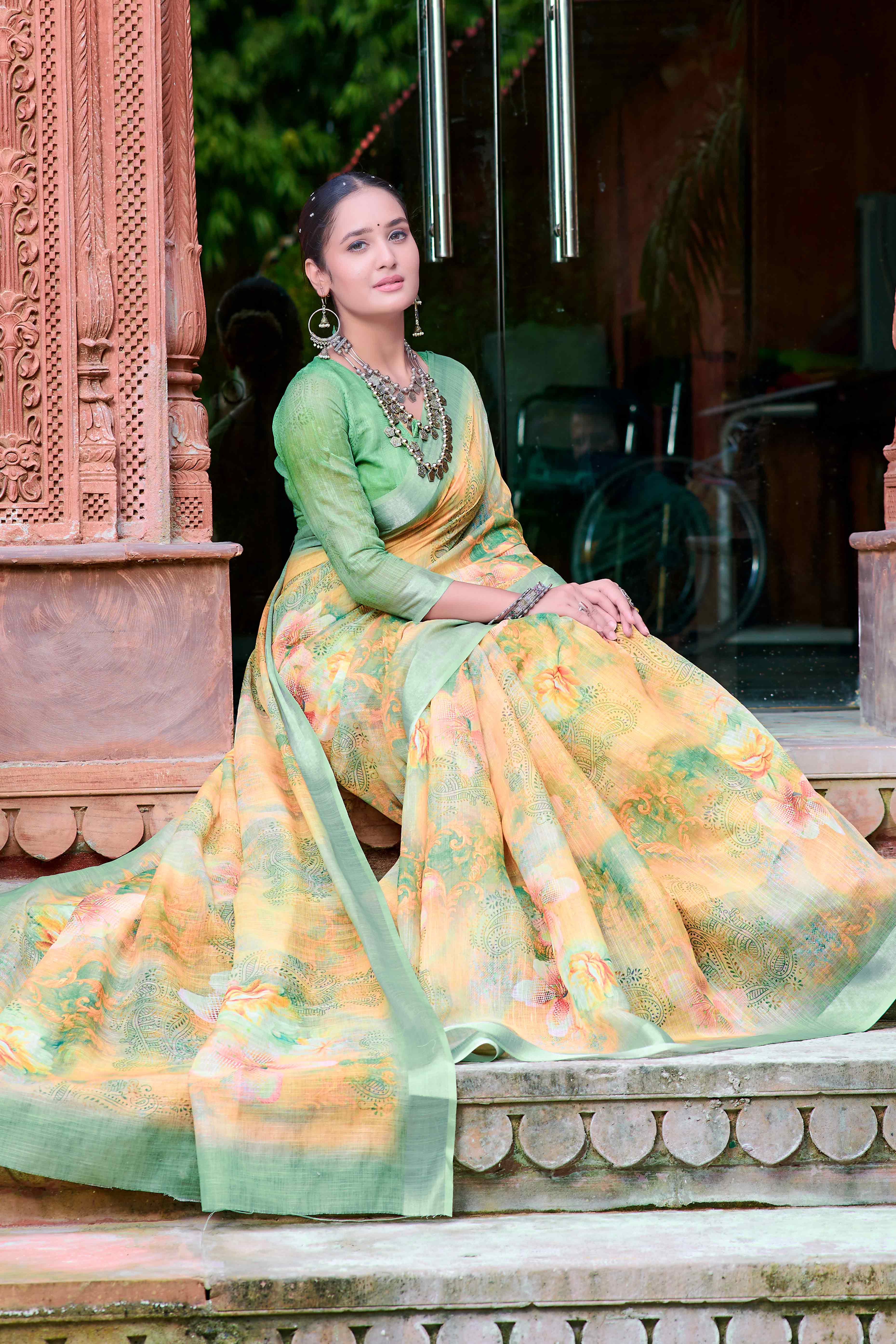 Yellow Floral Printed Linen Saree