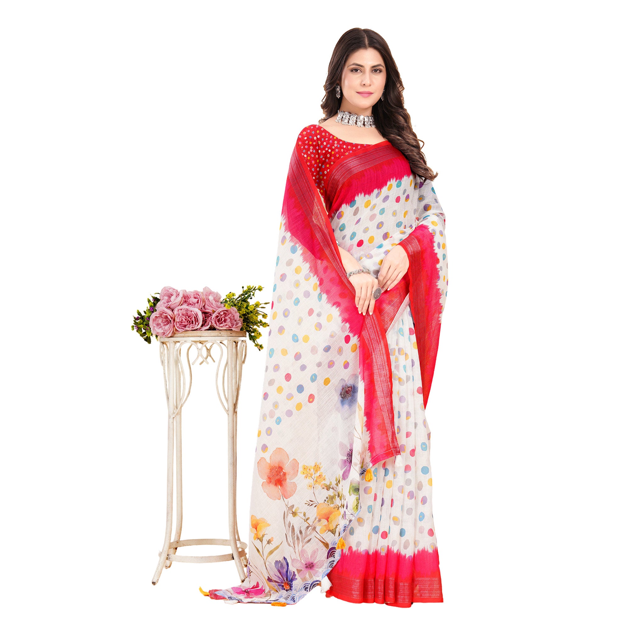 White Printed Linen Saree