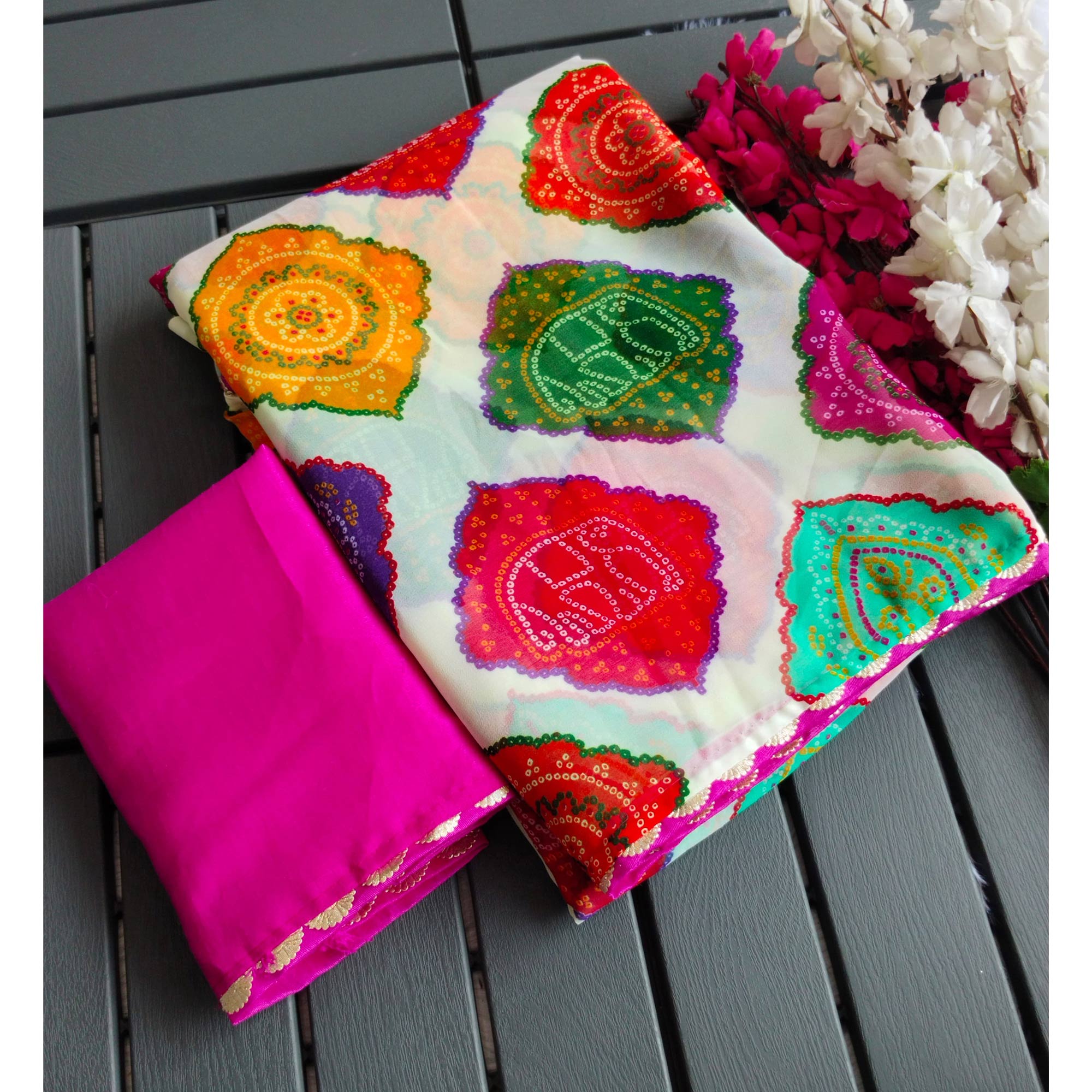 White Georgette Saree with Traditional Bandhani Prints