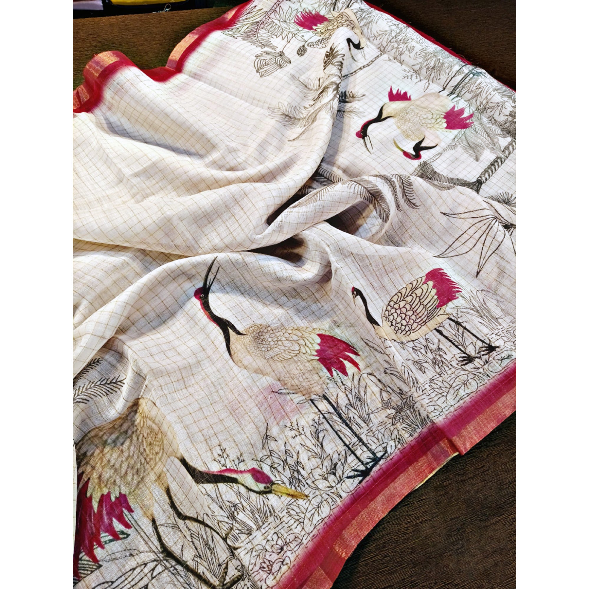 Off White and Pink Checkered Printed Linen Saree with a Breezy Feel