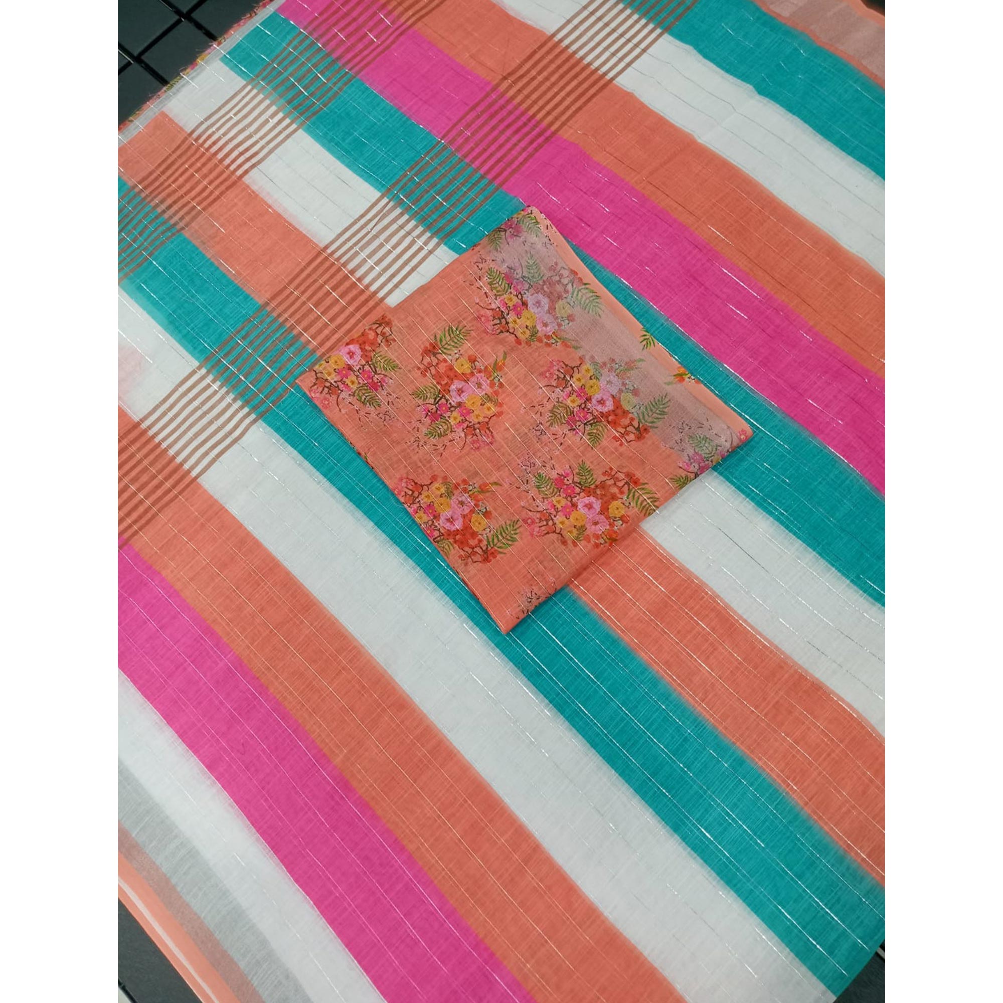 Multicolor Zari Weaving Linen Cotton Saree