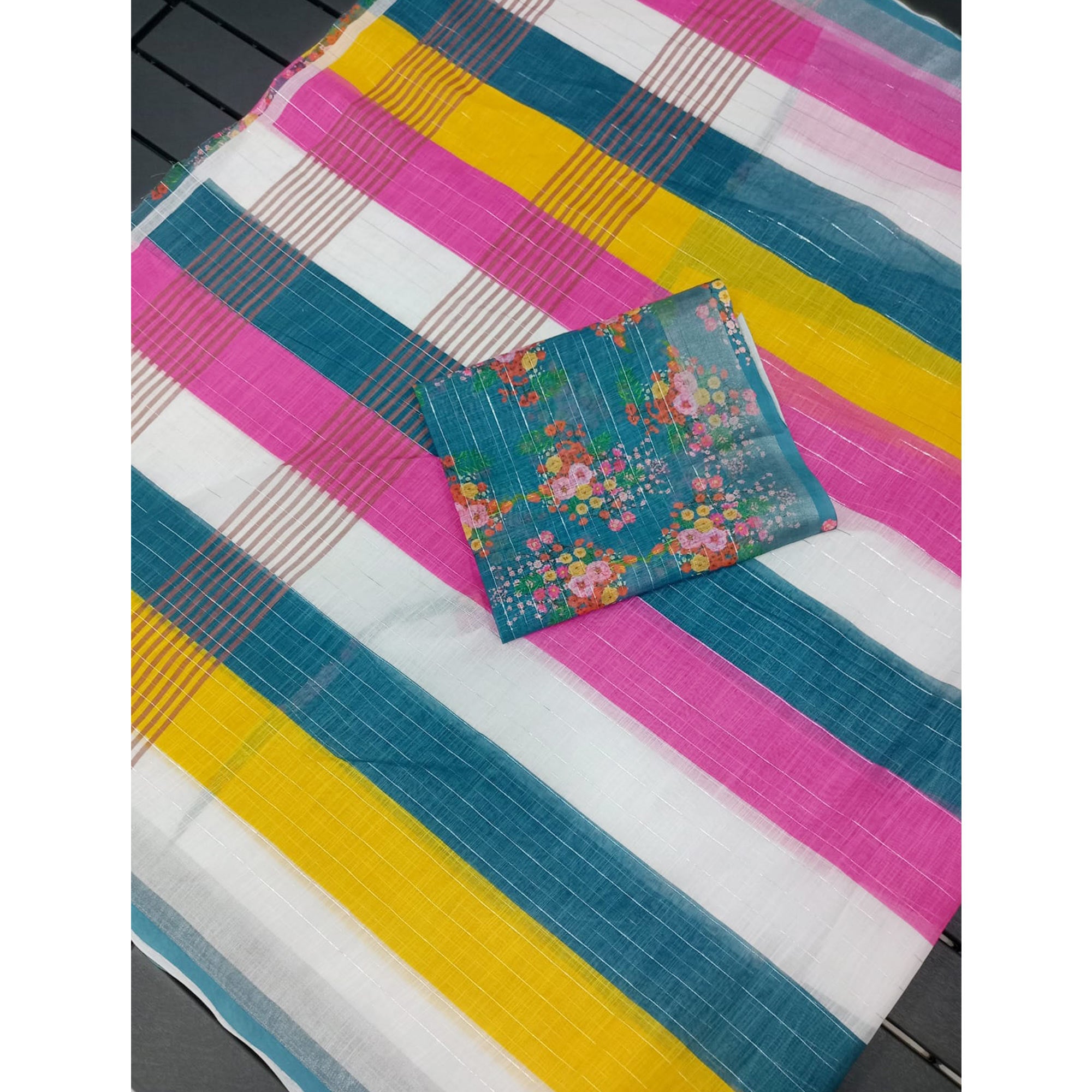 Multicolor Zari Weaving Linen Cotton Saree