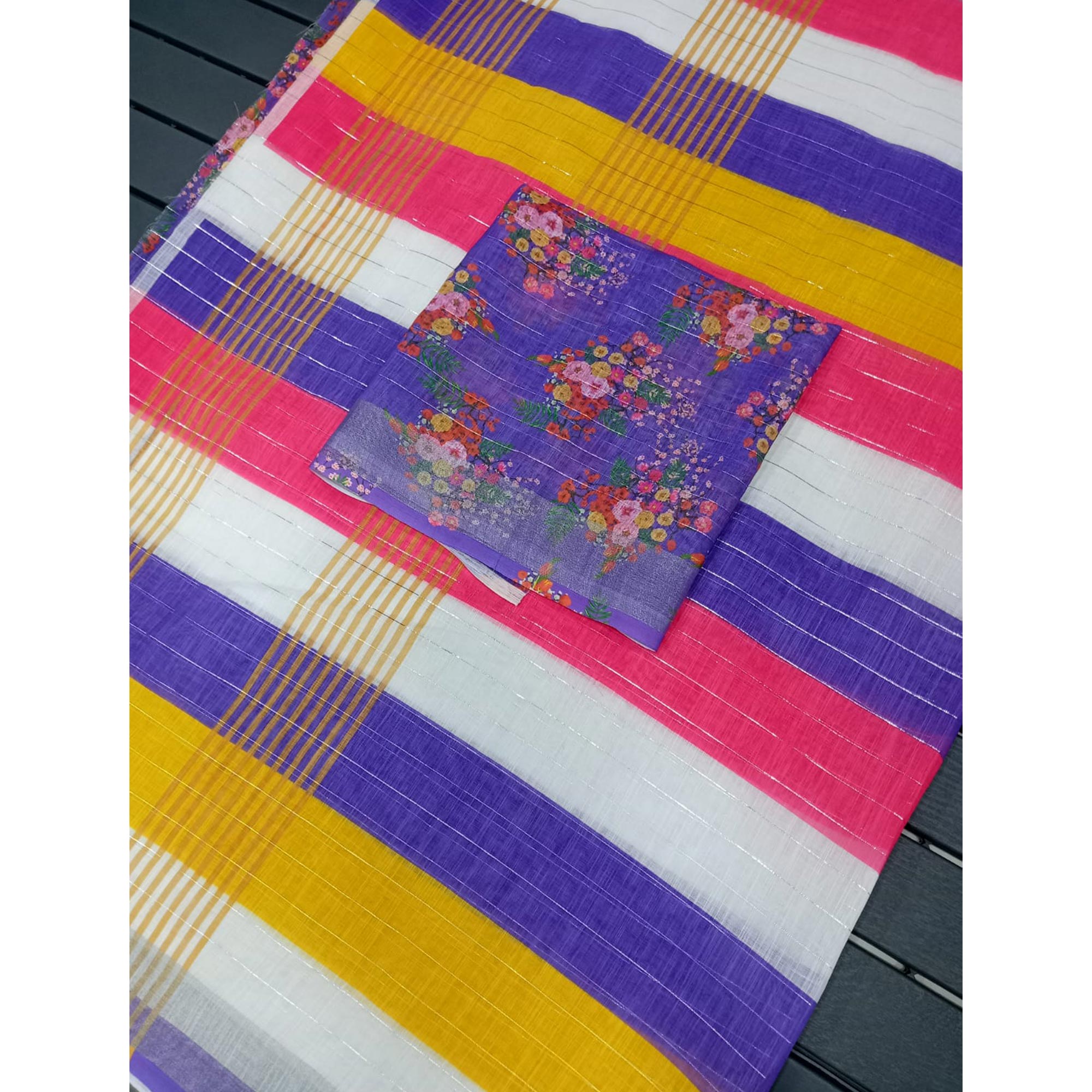 Multicolor Zari Weaving Linen Cotton Saree