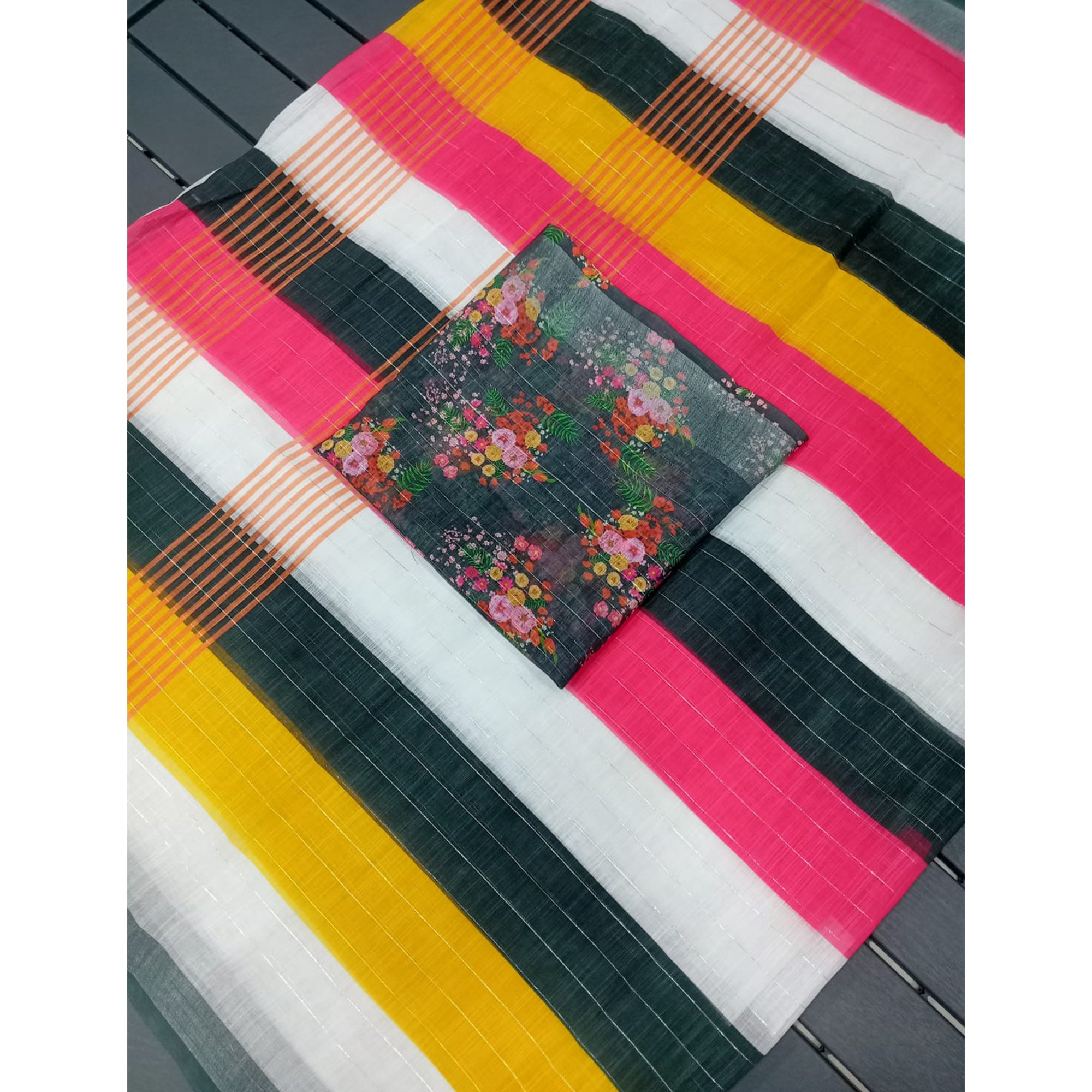 Multicolor Zari Weaving Linen Cotton Saree