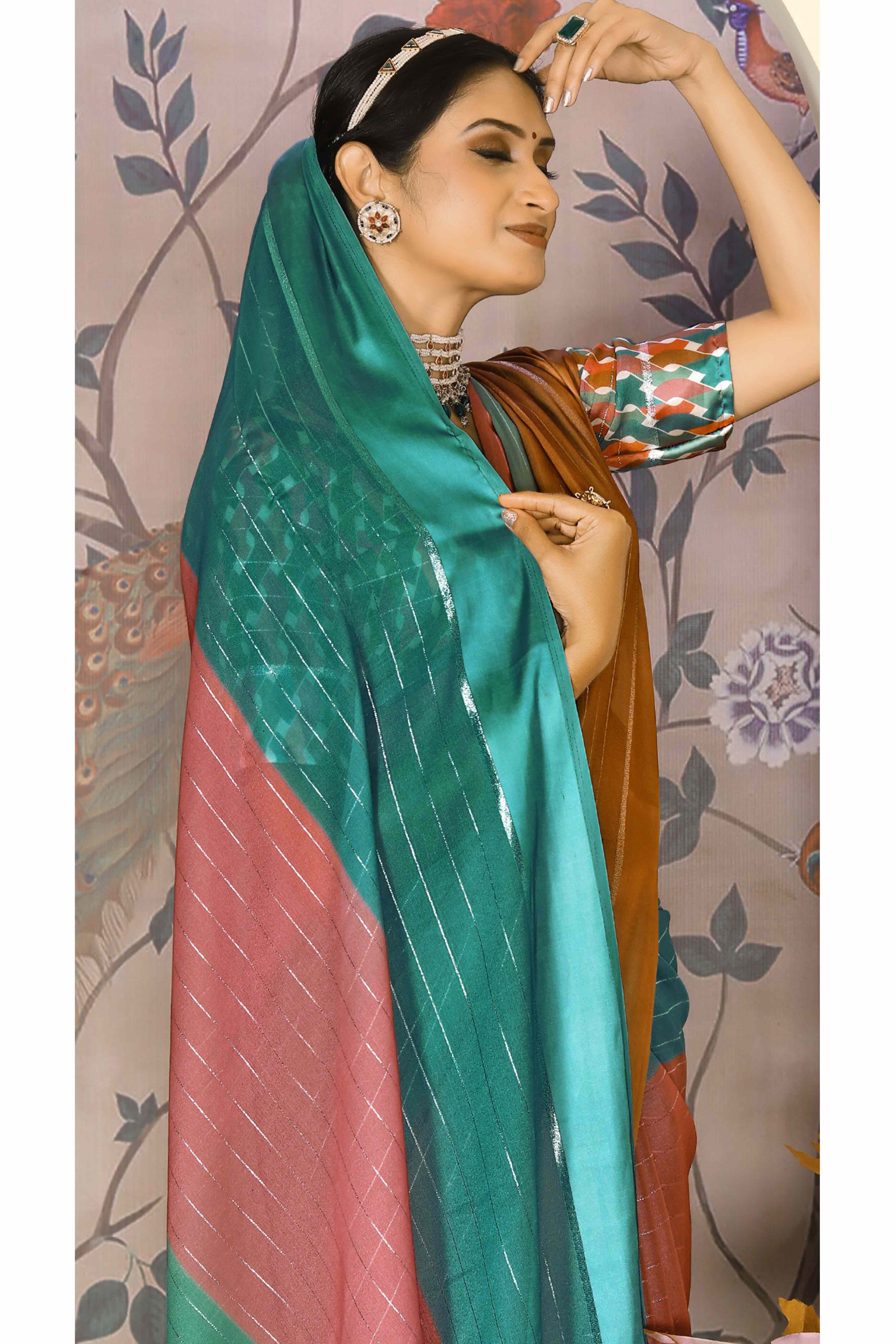 Multicolor Zari Weaving With Printed Chiffon Saree