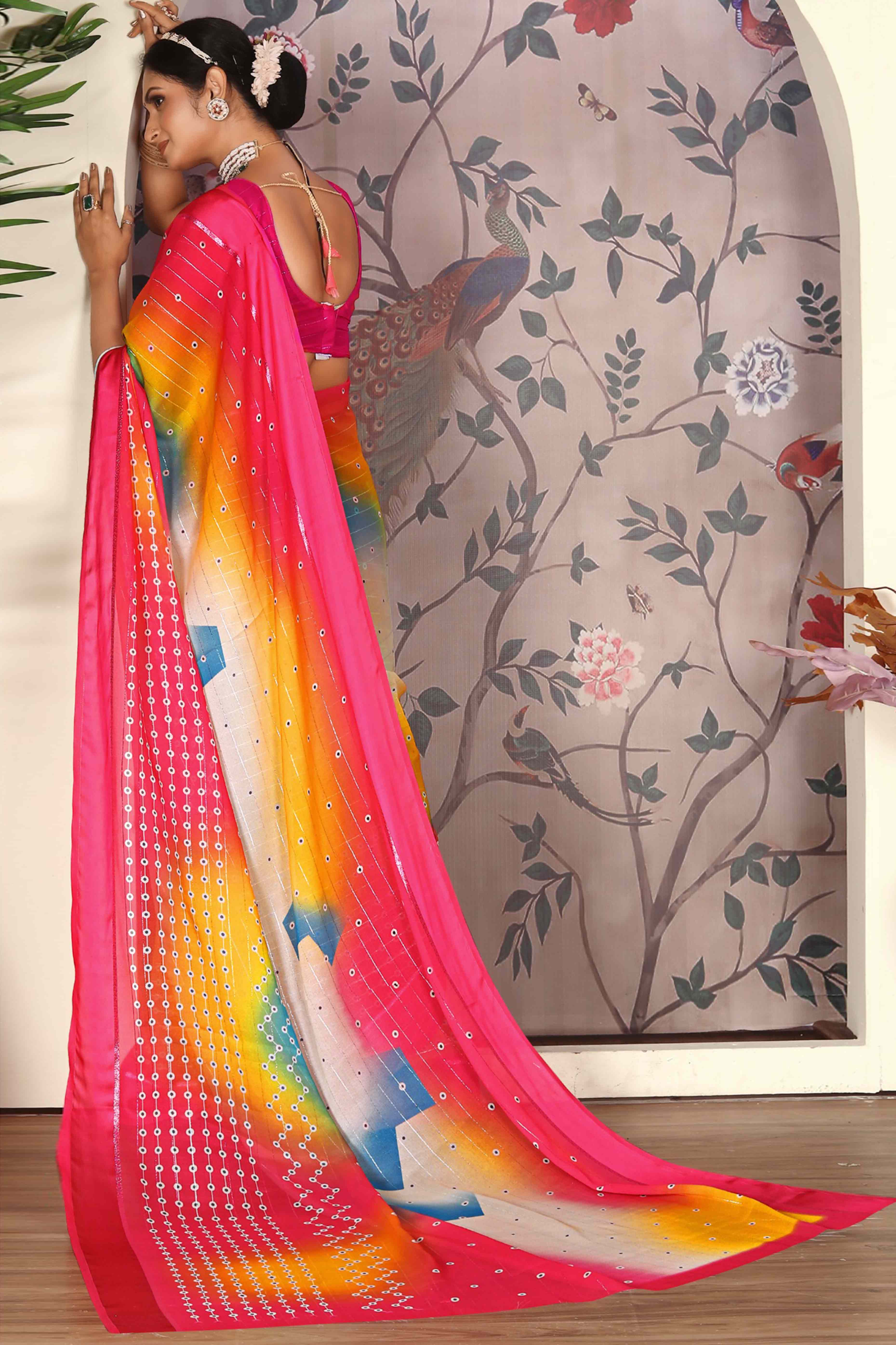 Multicolor Zari Weaving With Printed Chiffon Saree