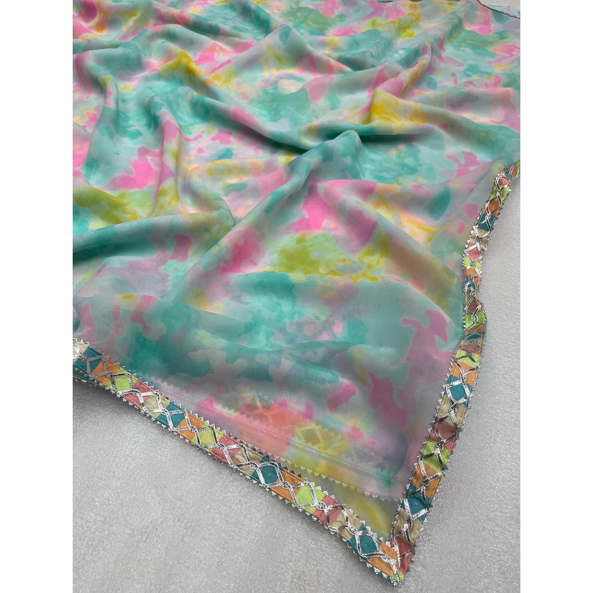 Rama Blue Abstract Printed Georgette Saree