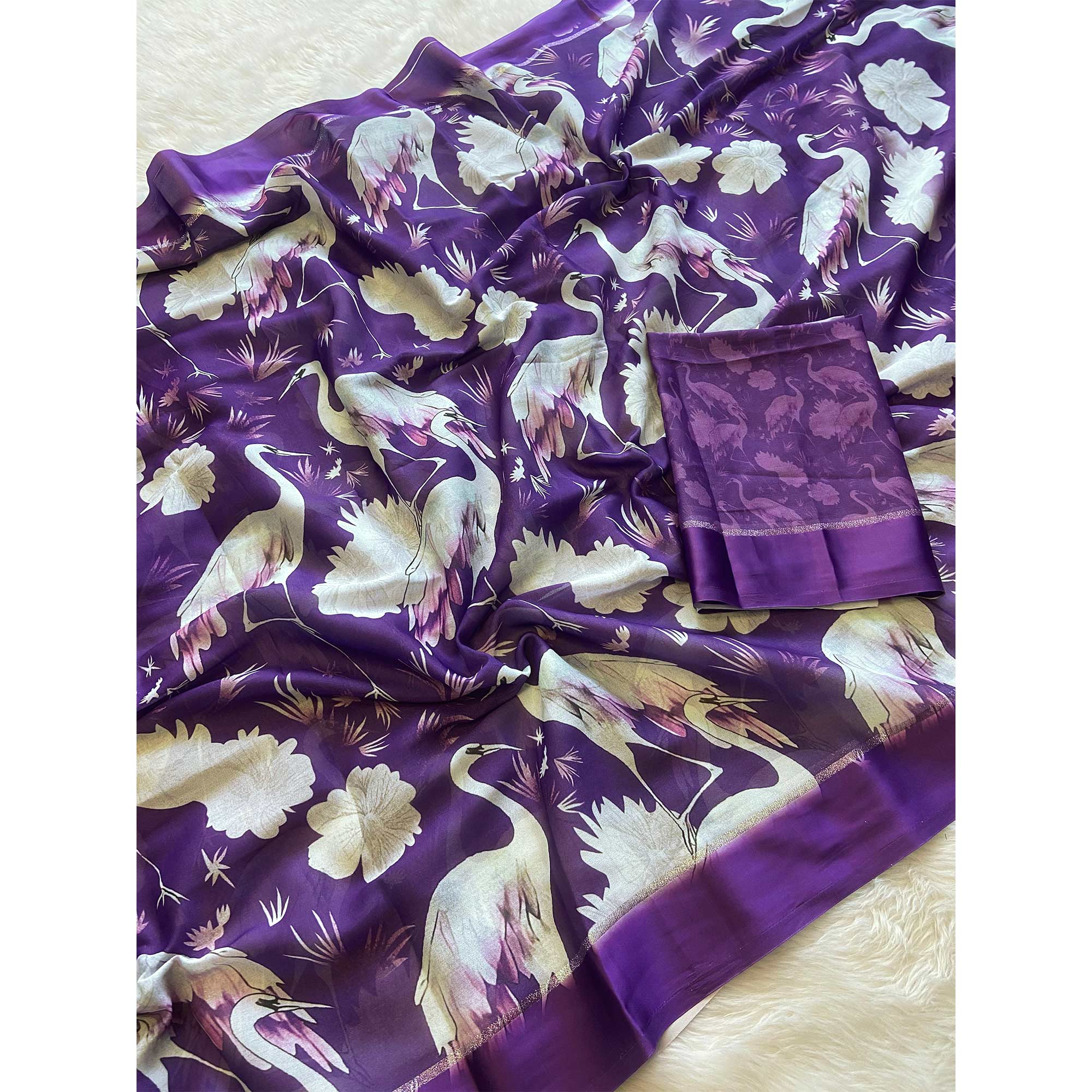 Purple Printed Moss Chiffon Saree With Zari Woven Border