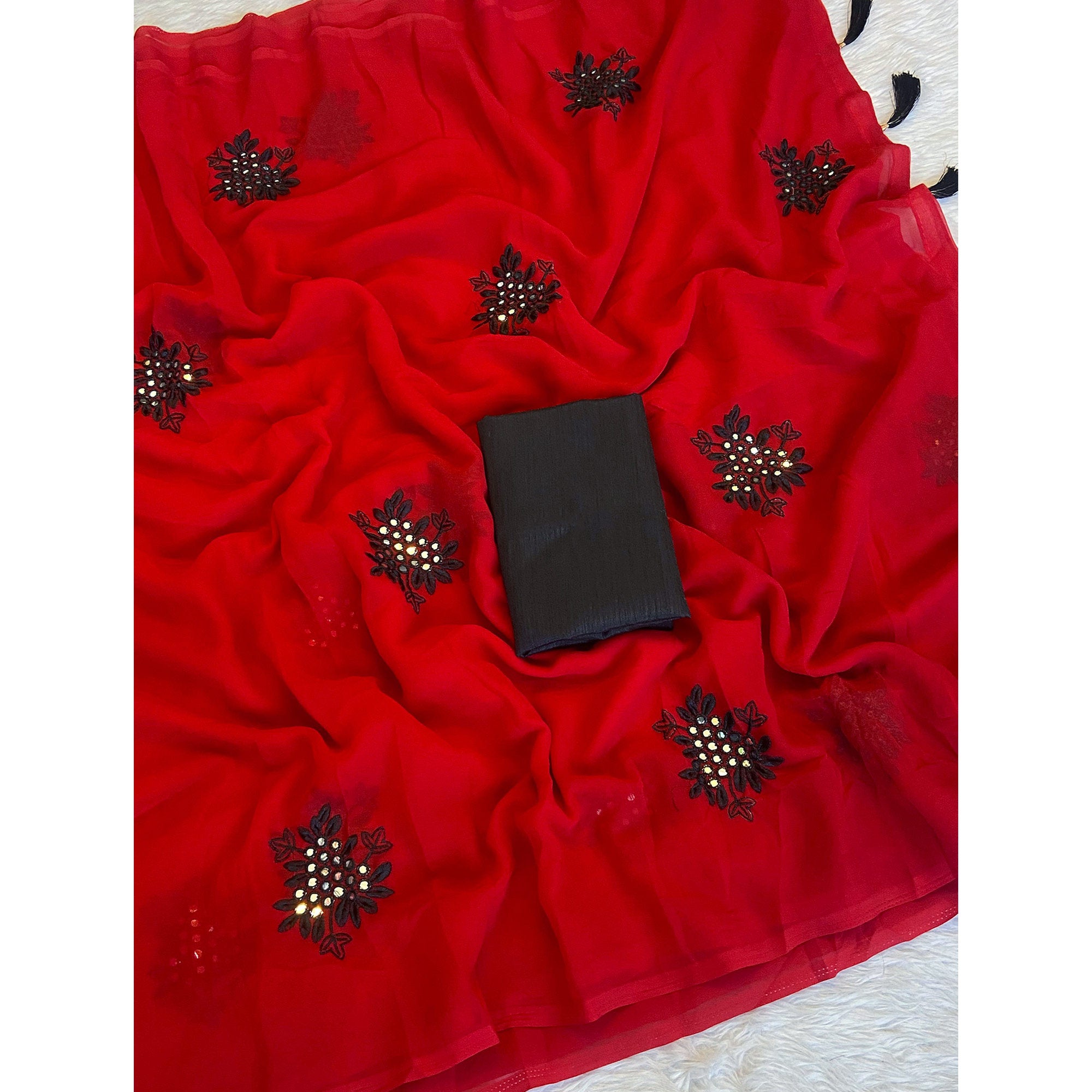 Red Floral Embroidered Vichitra Silk Saree