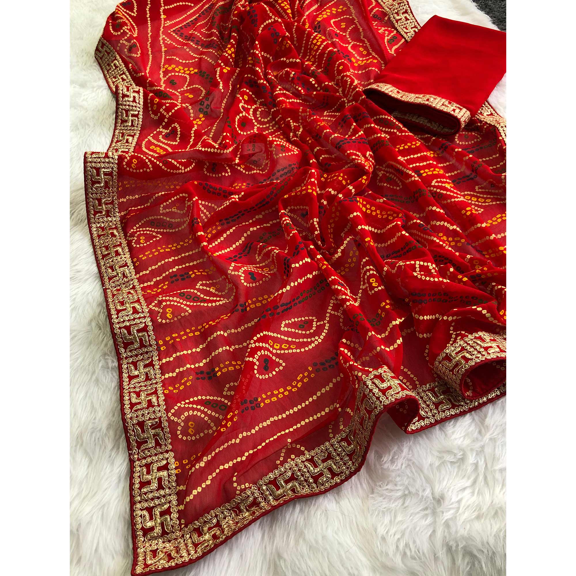 Red Bandhani Printed Georgette Saree With Zari Lace Border