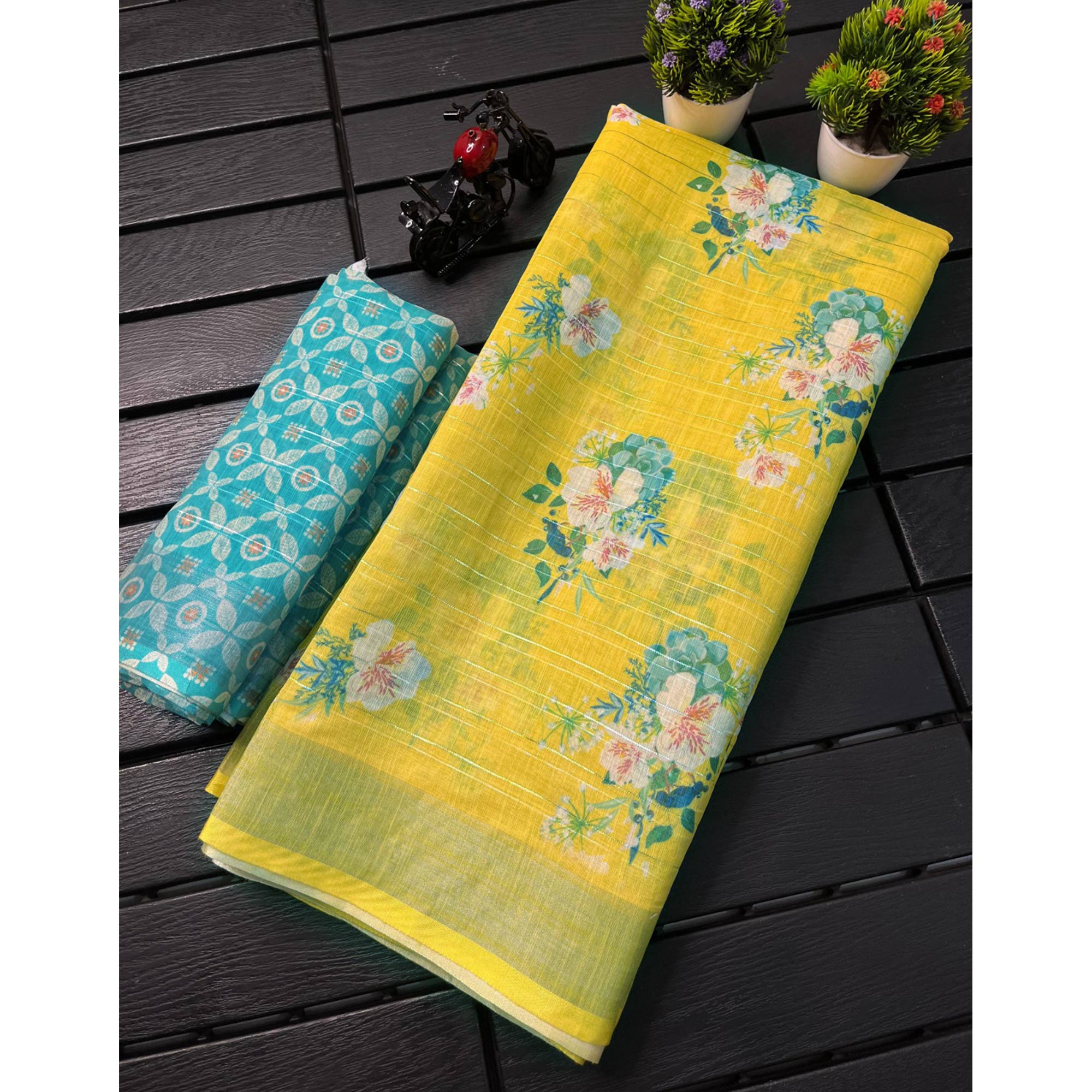 Yellow Digital Printed With Zari Work Linen Cotton Saree