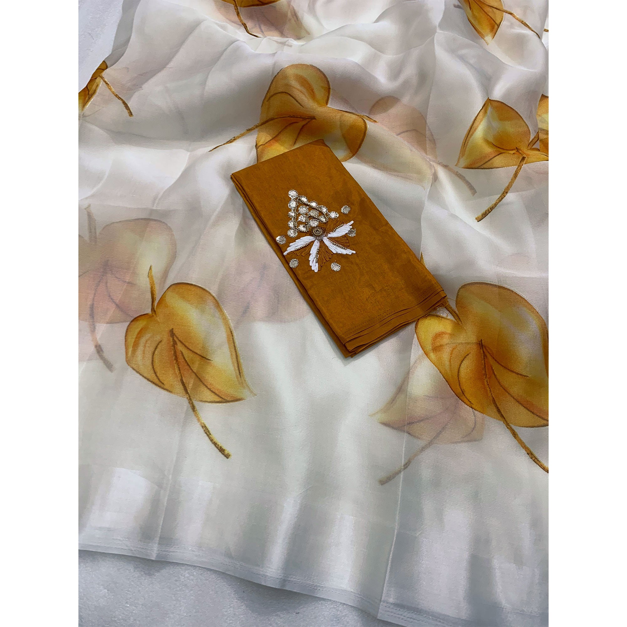 White Foil Printed Organza Saree