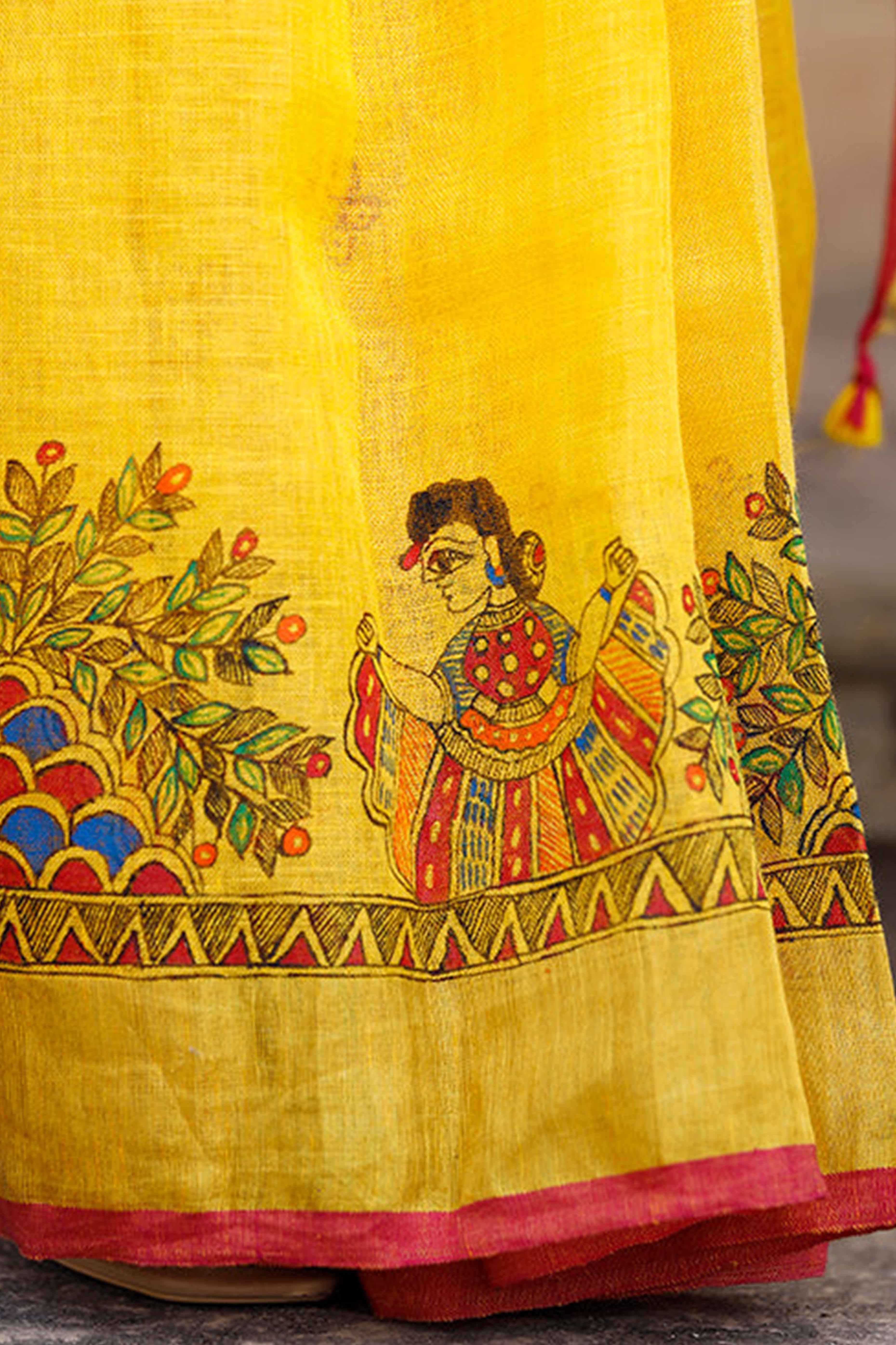Yellow Kalamkari Printed Linen Saree