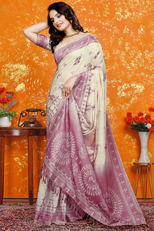 Beige & Wine Meenakari Crafted Soft Muga Cotton Saree Designed for Elegant Festive Styling