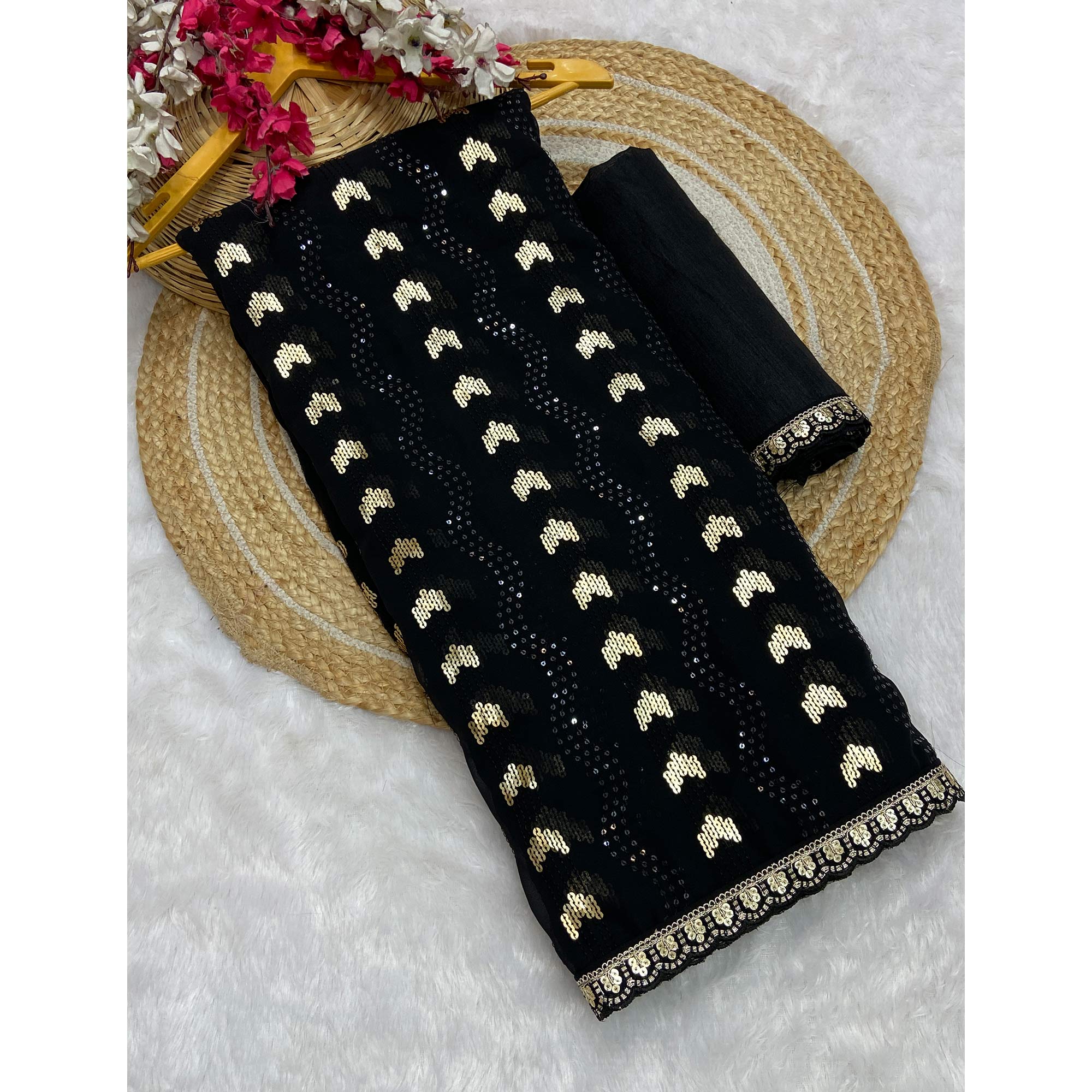 Black Party Saree in Lightweight Georgette with Sequins Embellishment