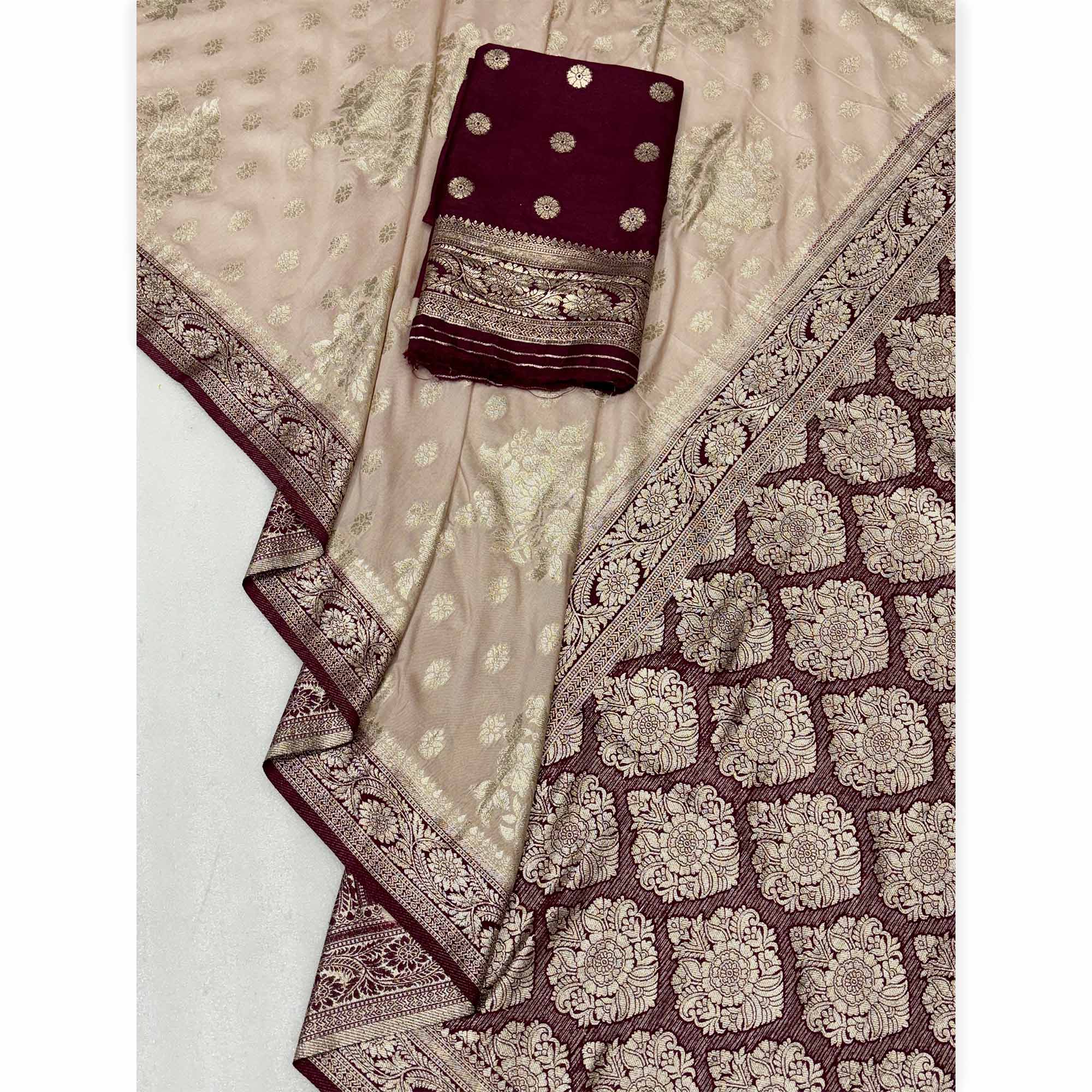 Beige Dola Silk Woven Saree with Allover Zari Butti Design