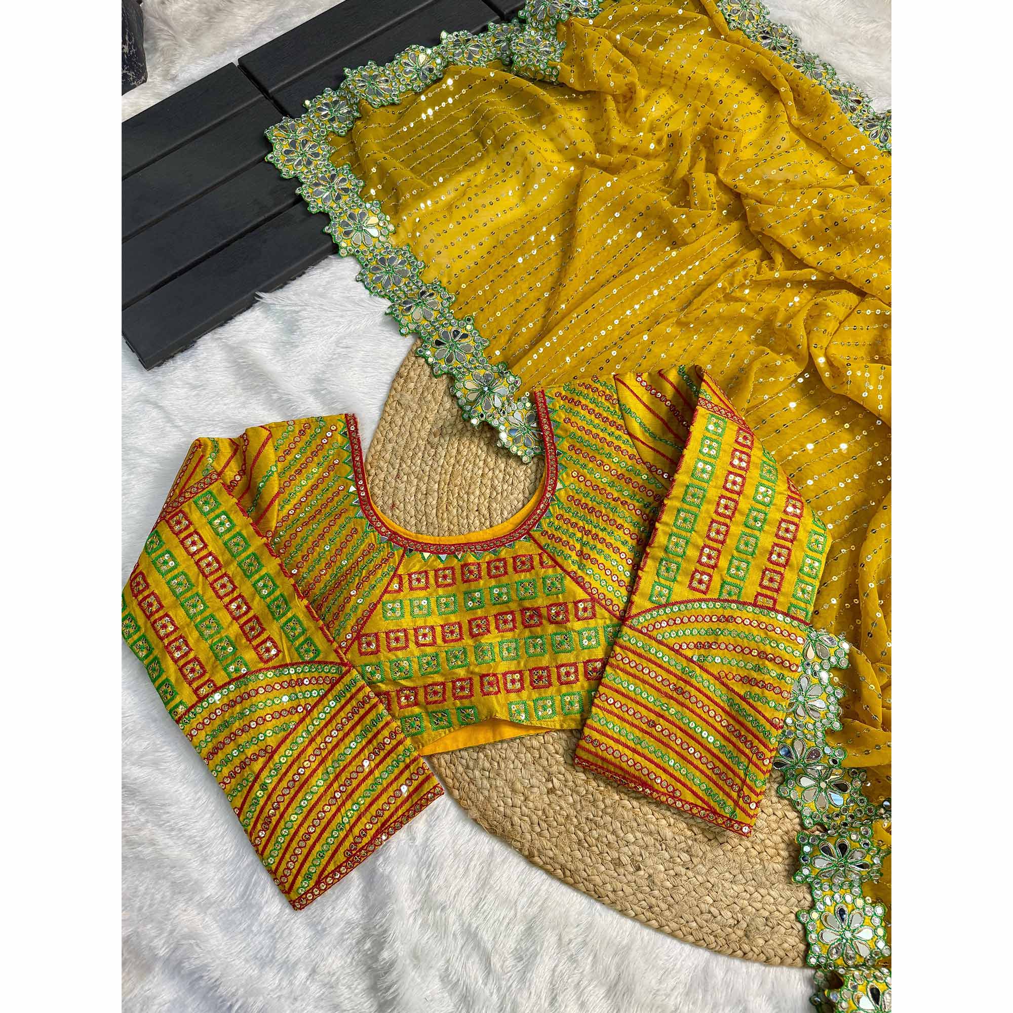 Embroidered Mustard Georgette Saree with Shimmering Mirror Accents