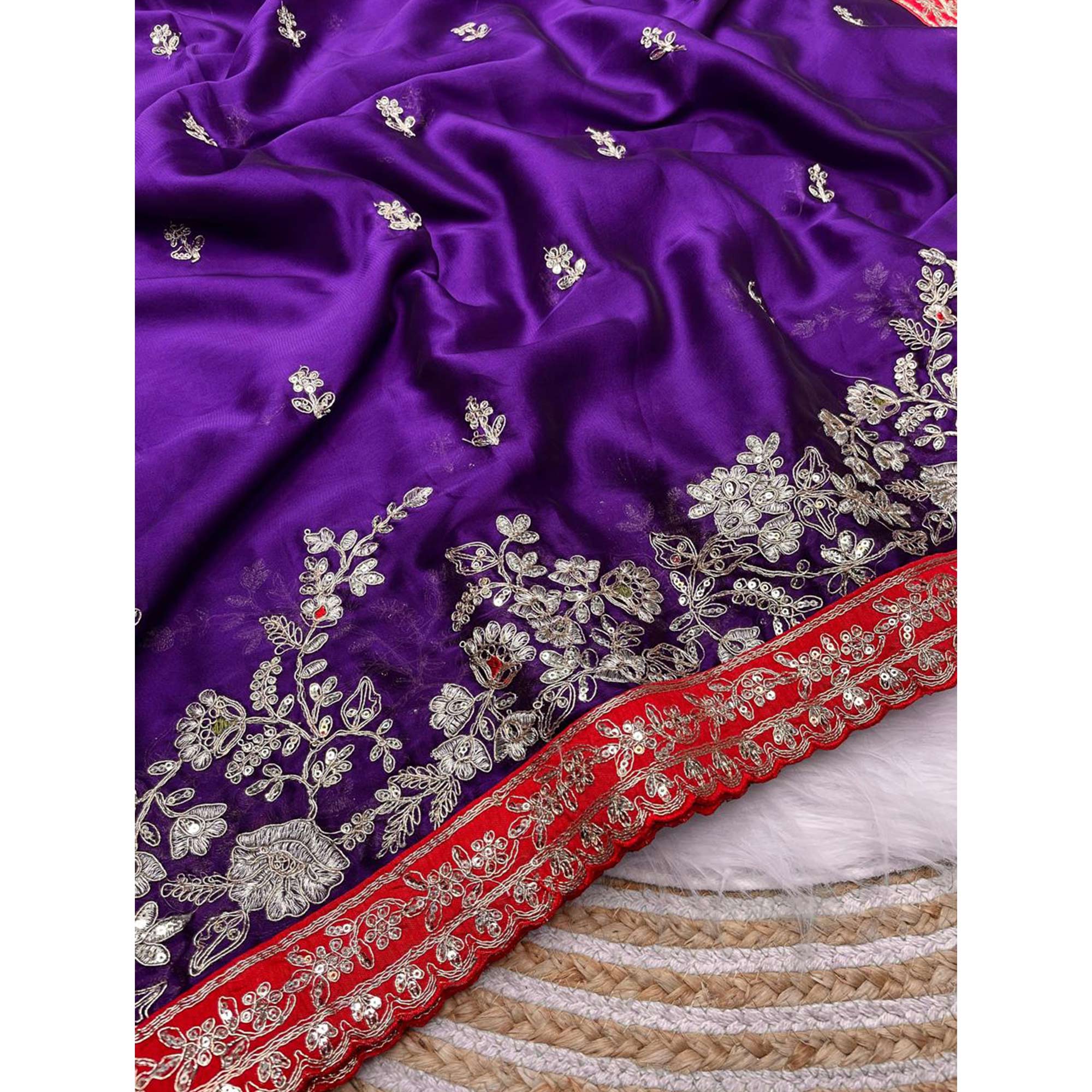 Designer Violet Embroidered Satin Saree with Fine Thread Detailing