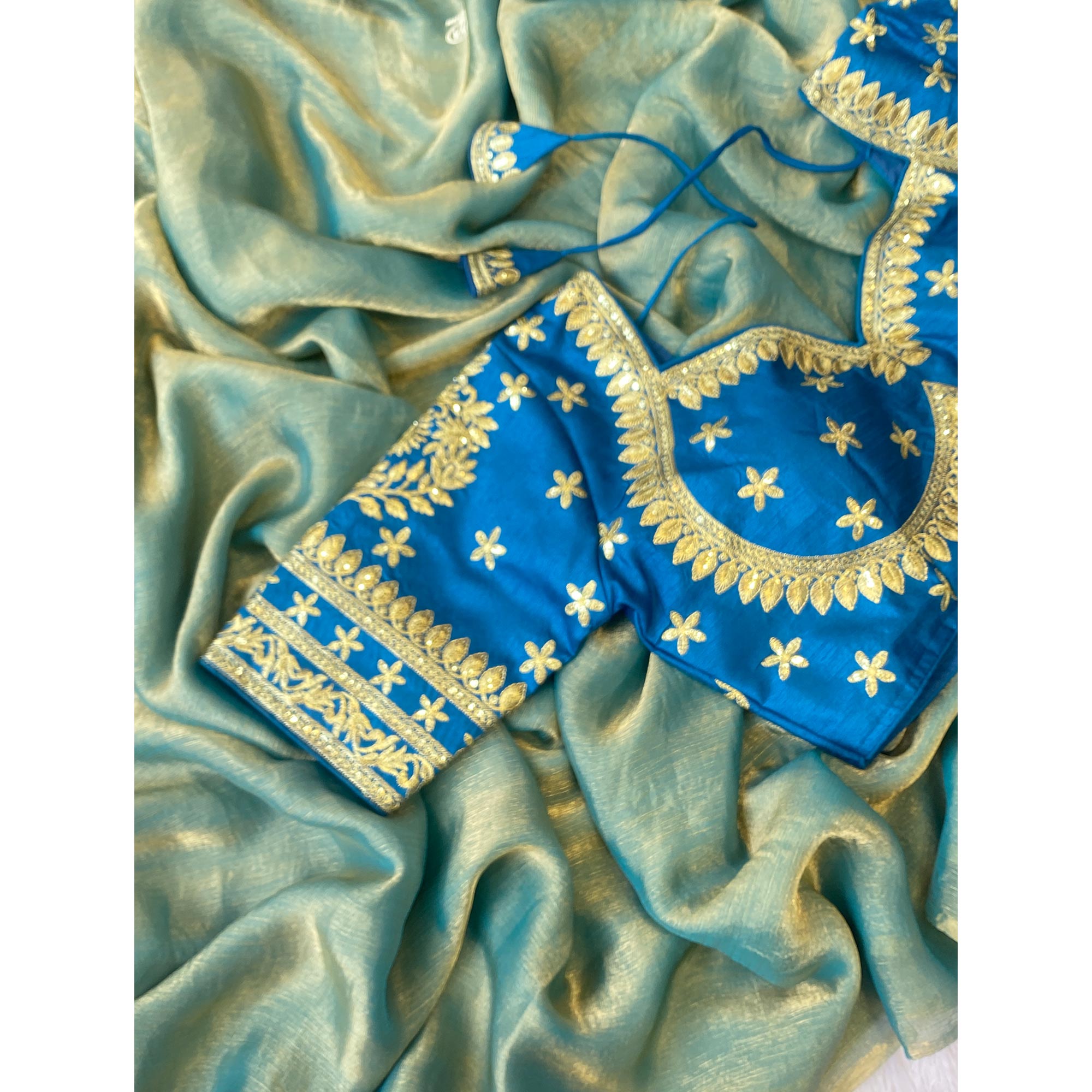 Shimmering Satin Saree with Two-Tone Sea Green Hues