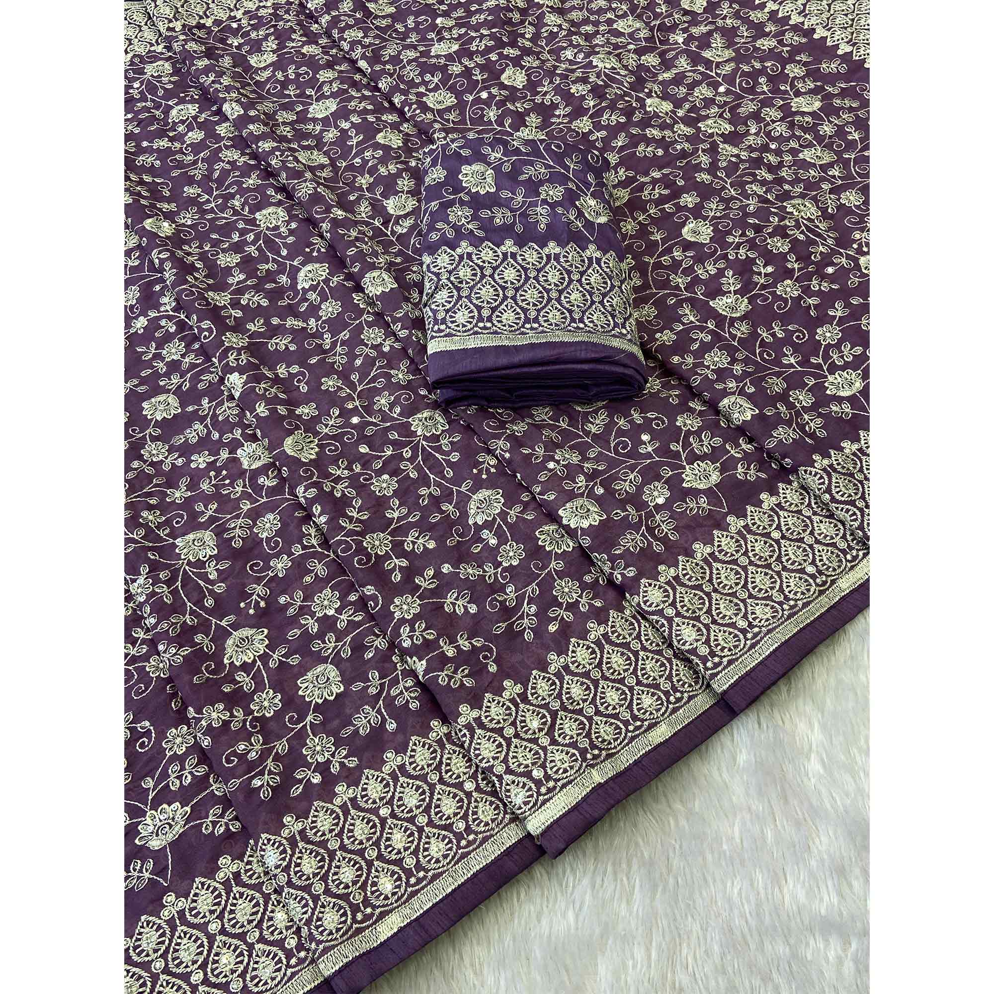 Lavender Georgette Saree With Sparkling Sequins & Delicate Floral Embroidery