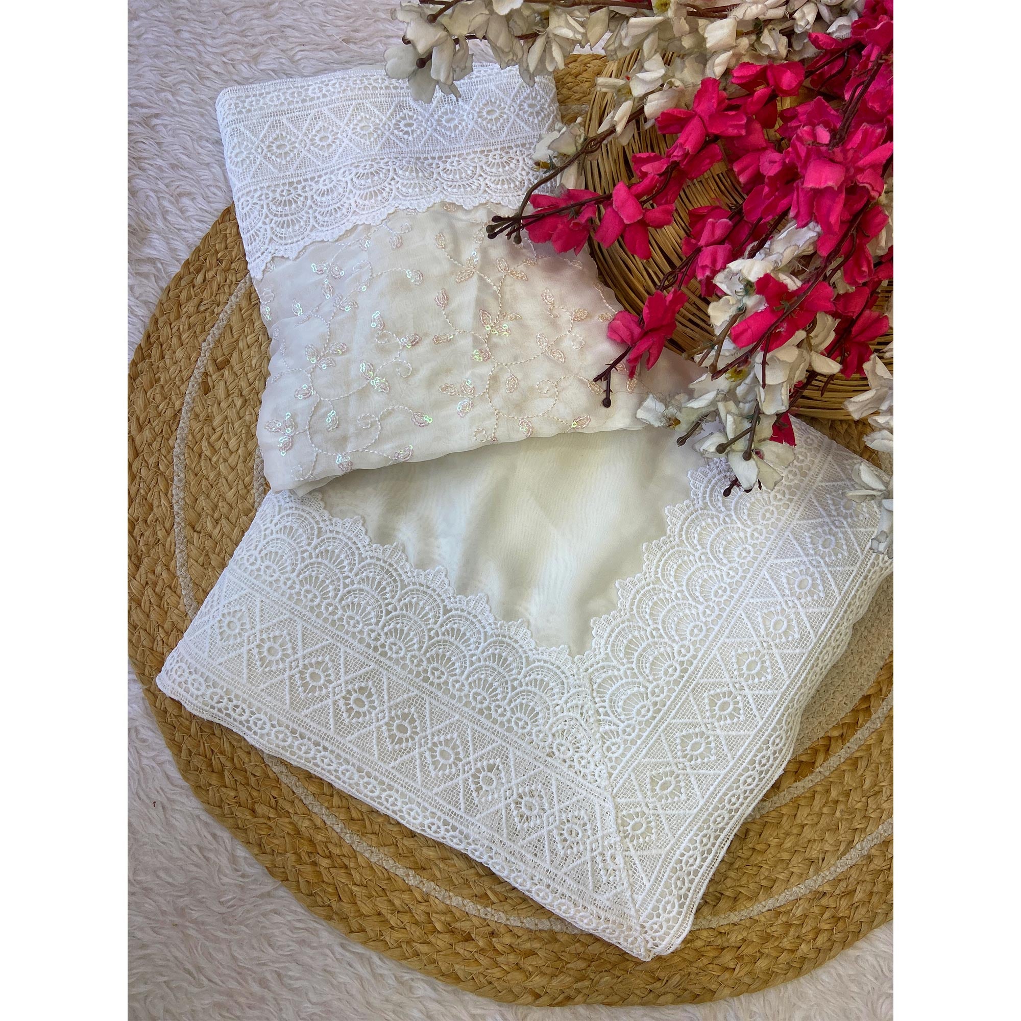 White Solid Satin Rangoli Saree Enhanced with Intricate Embroidered Border Work