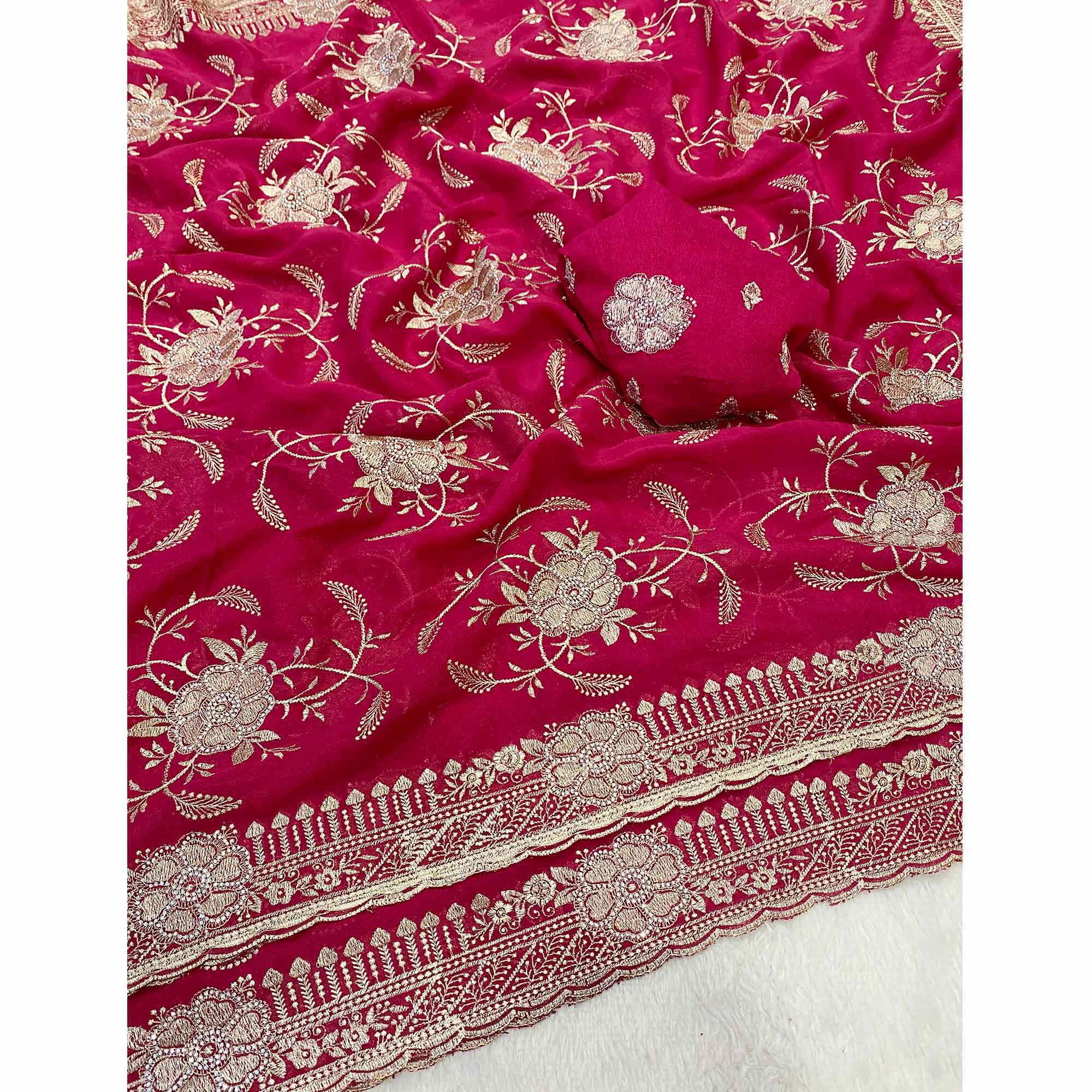 Pink Georgette Saree Exquisite Star Embroidery Party Ready Ethnic