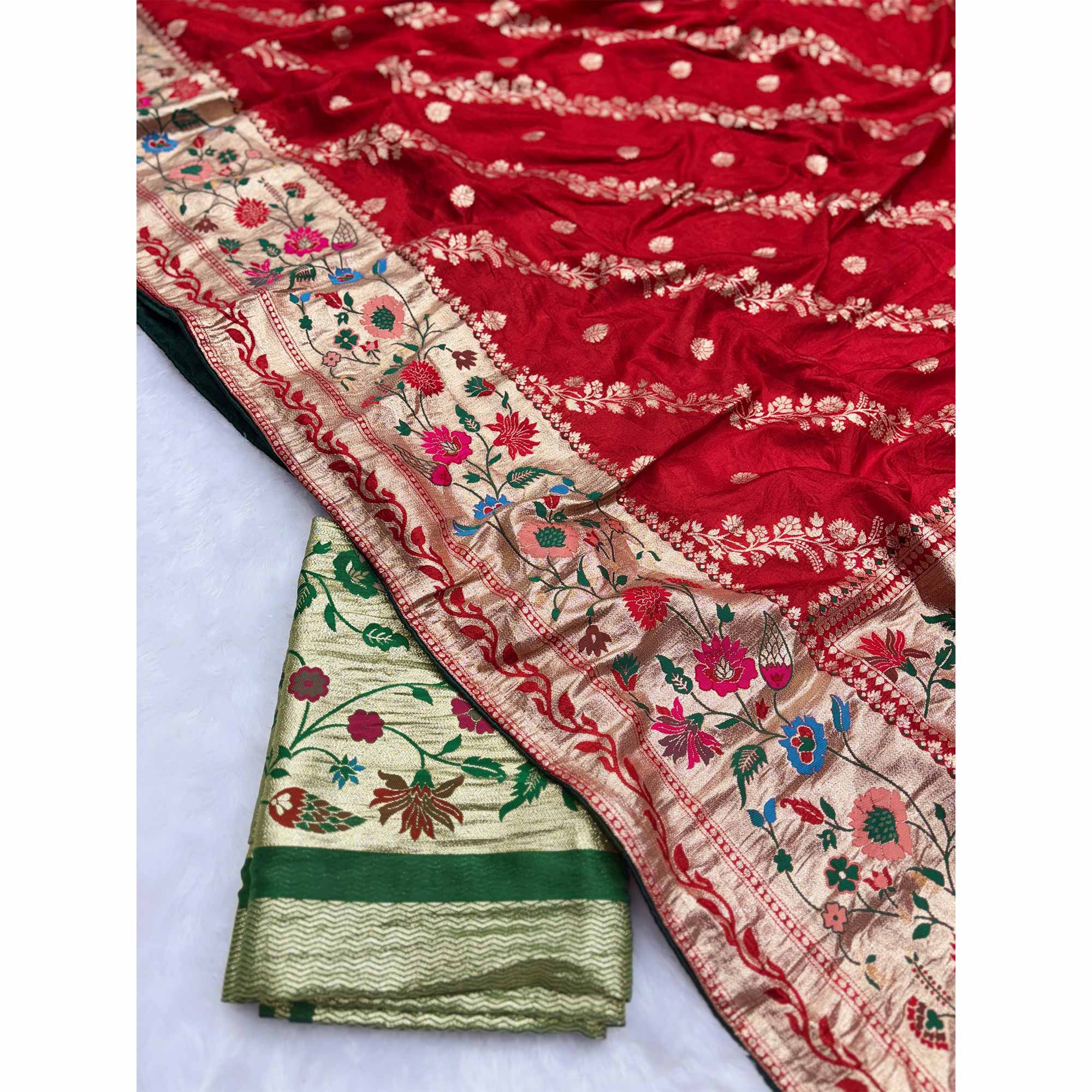 Red Dola Silk Saree With Rich Floral Zari Weaving & Classic Elegance