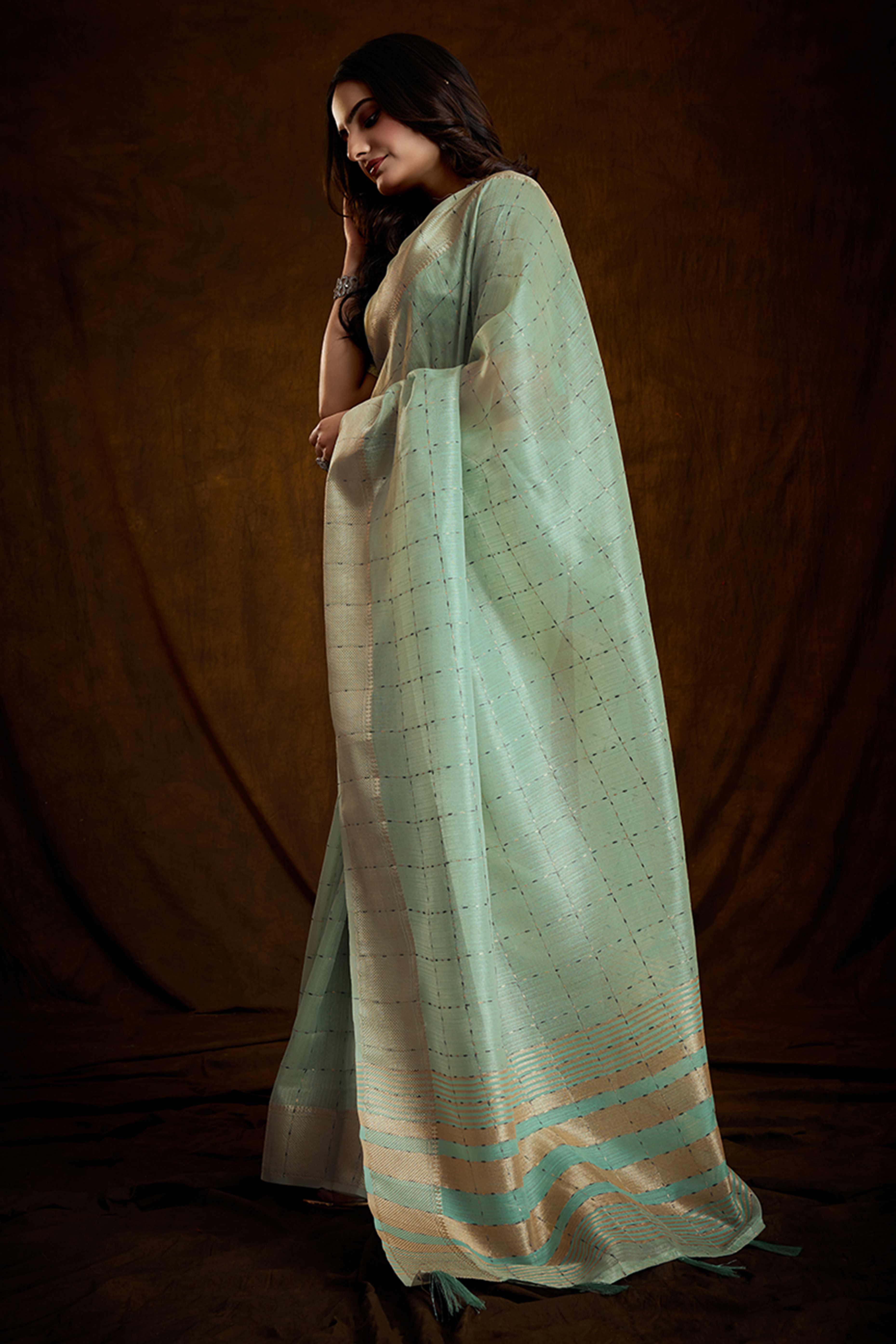 Mint Green Cotton Silk Saree with Rich Zari Weaving in Checkered Style
