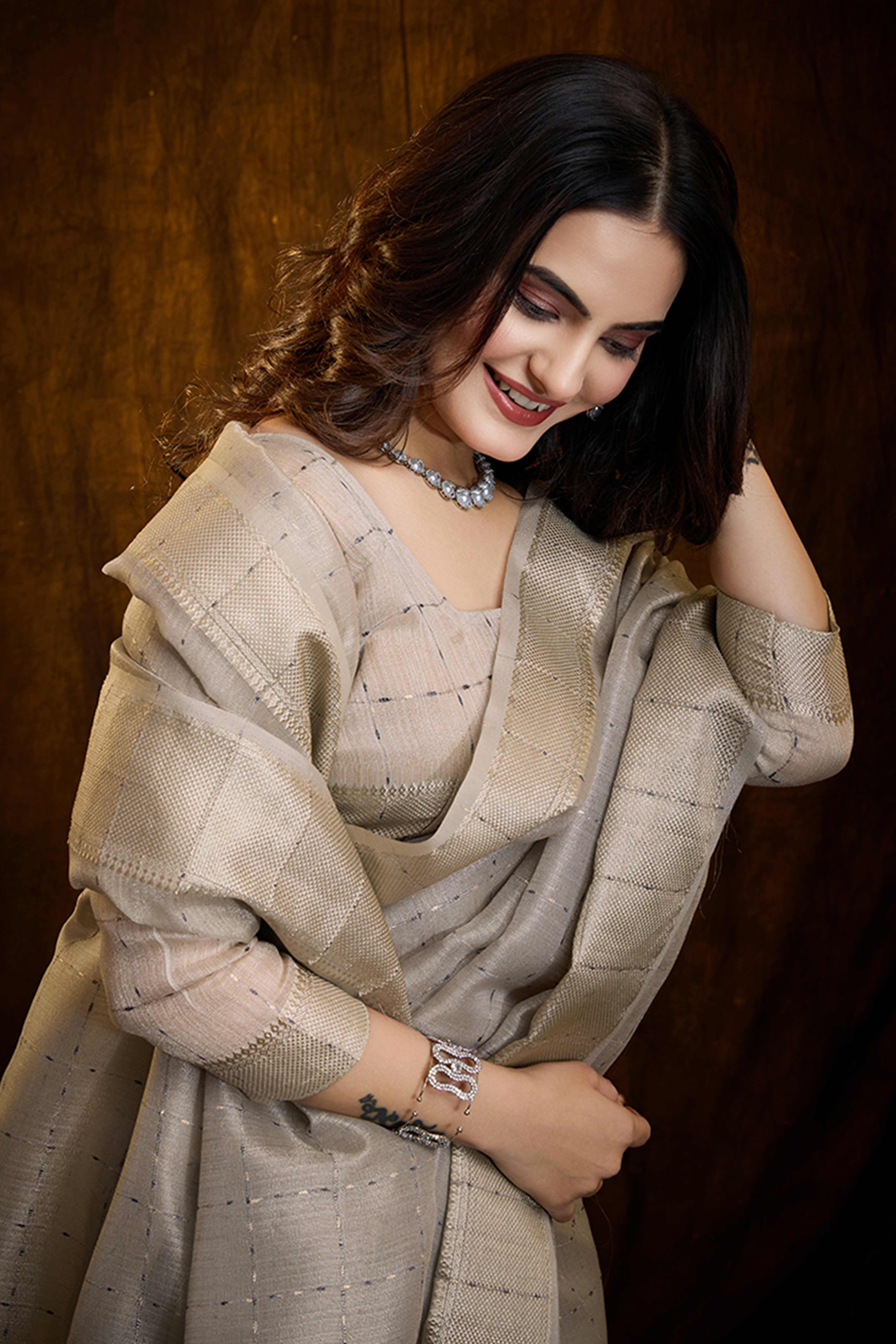 Grey Cotton Silk Saree with Rich Zari Weaving in Checkered Style