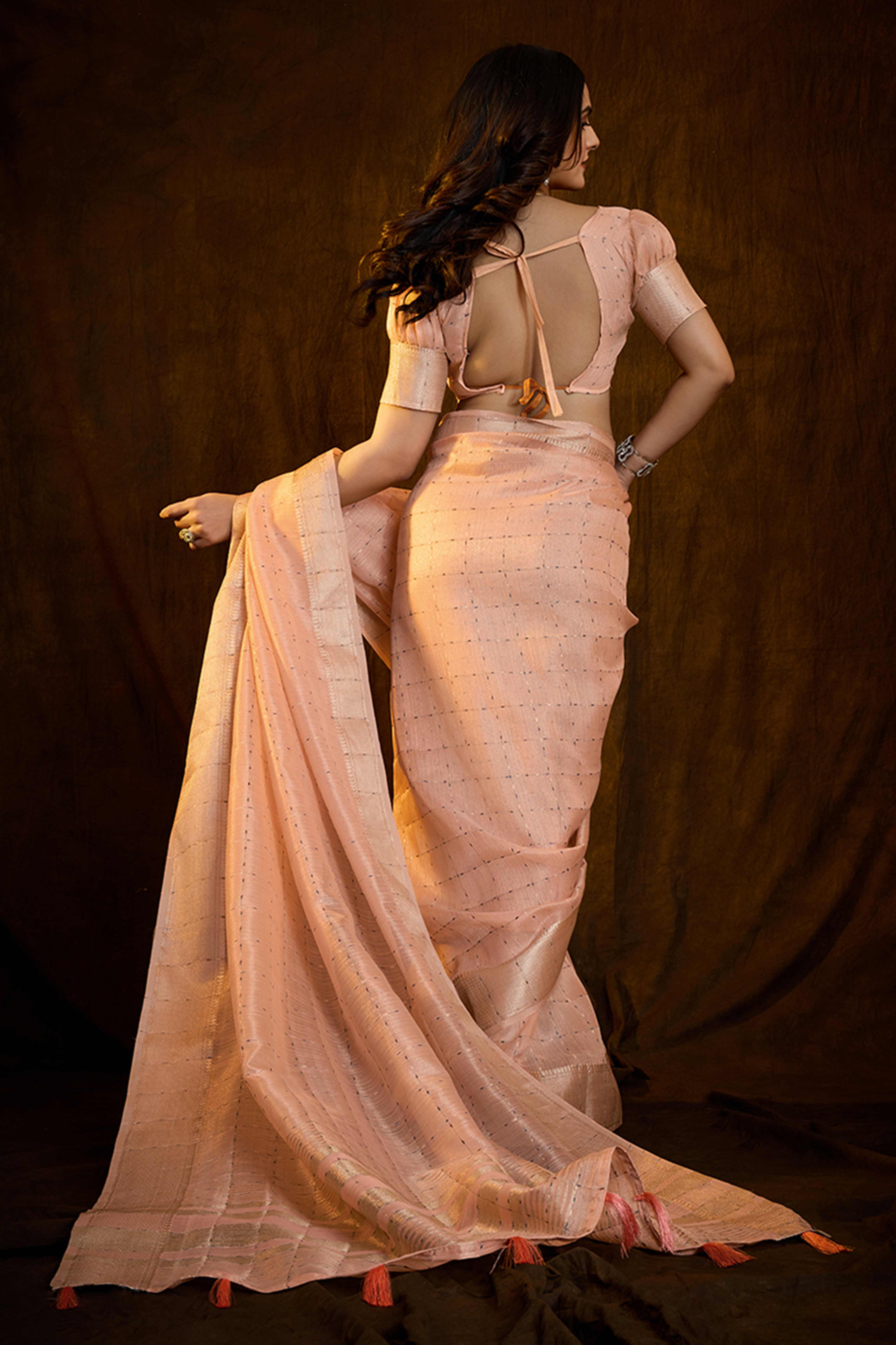 Pastel Peach Cotton Silk Saree with Rich Zari Weaving in Checkered Style