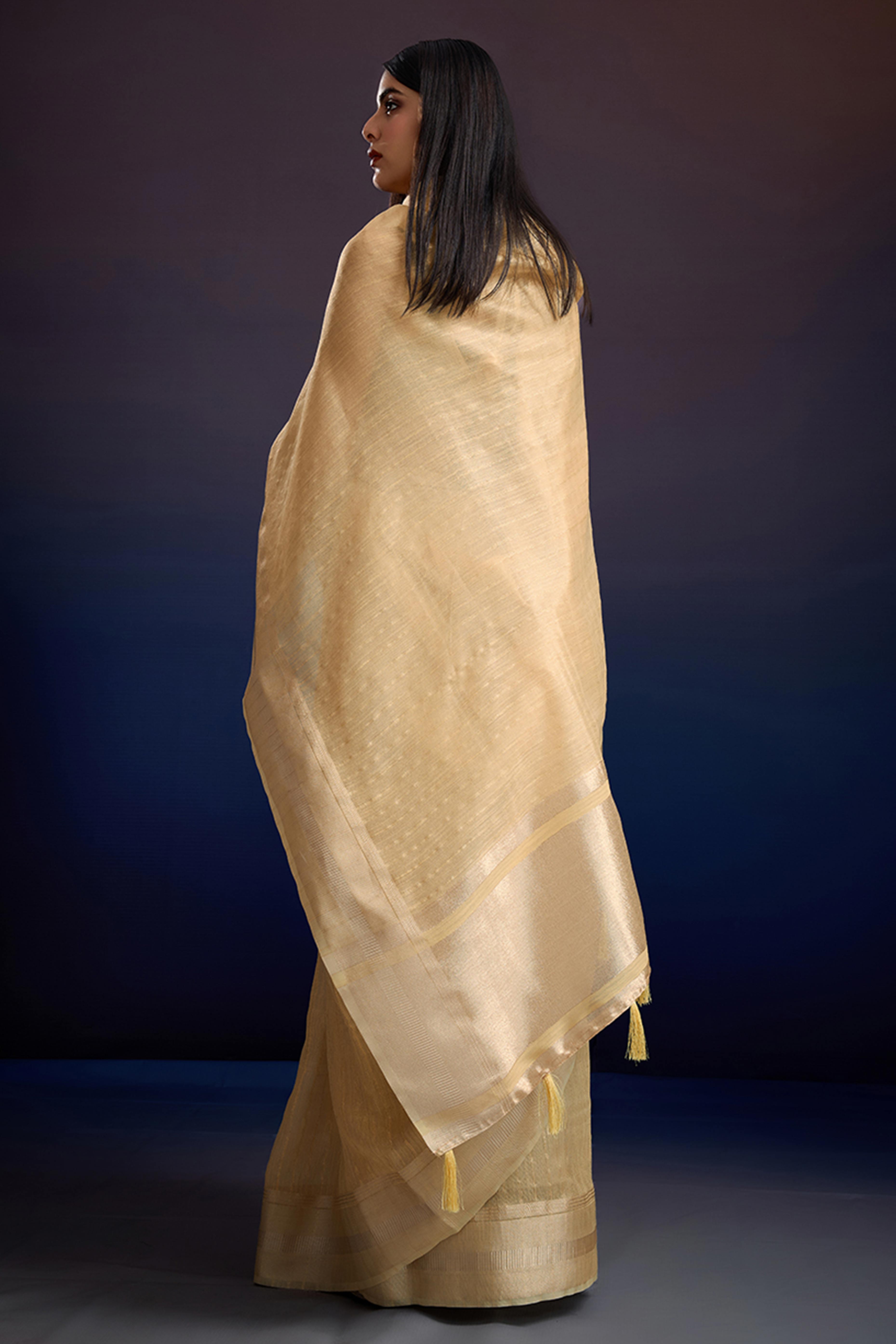 Festive Wear Yellow Zari Woven Saree in Pure Linen Fabric