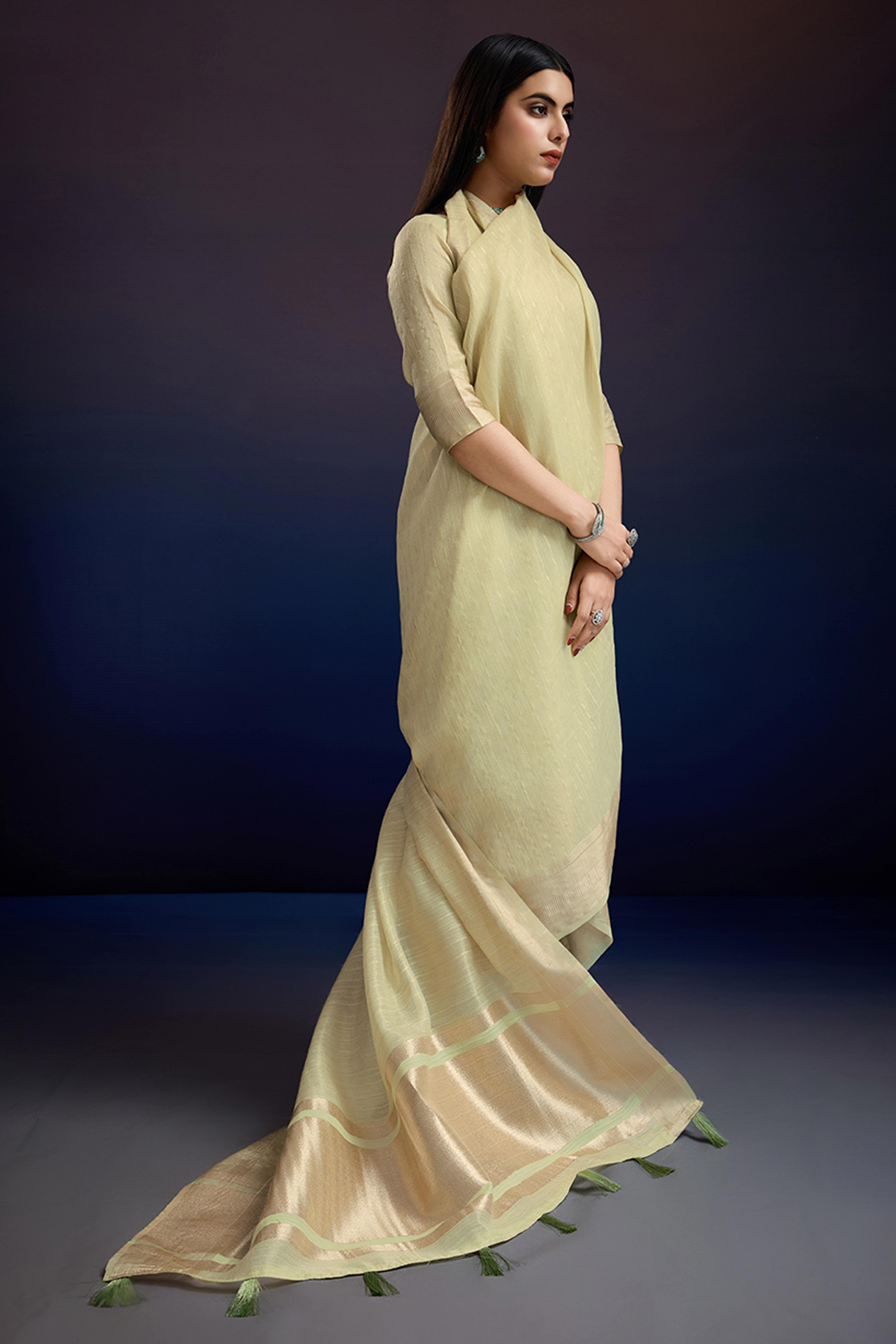 Festive Wear Green Zari Woven Saree in Pure Linen Fabric