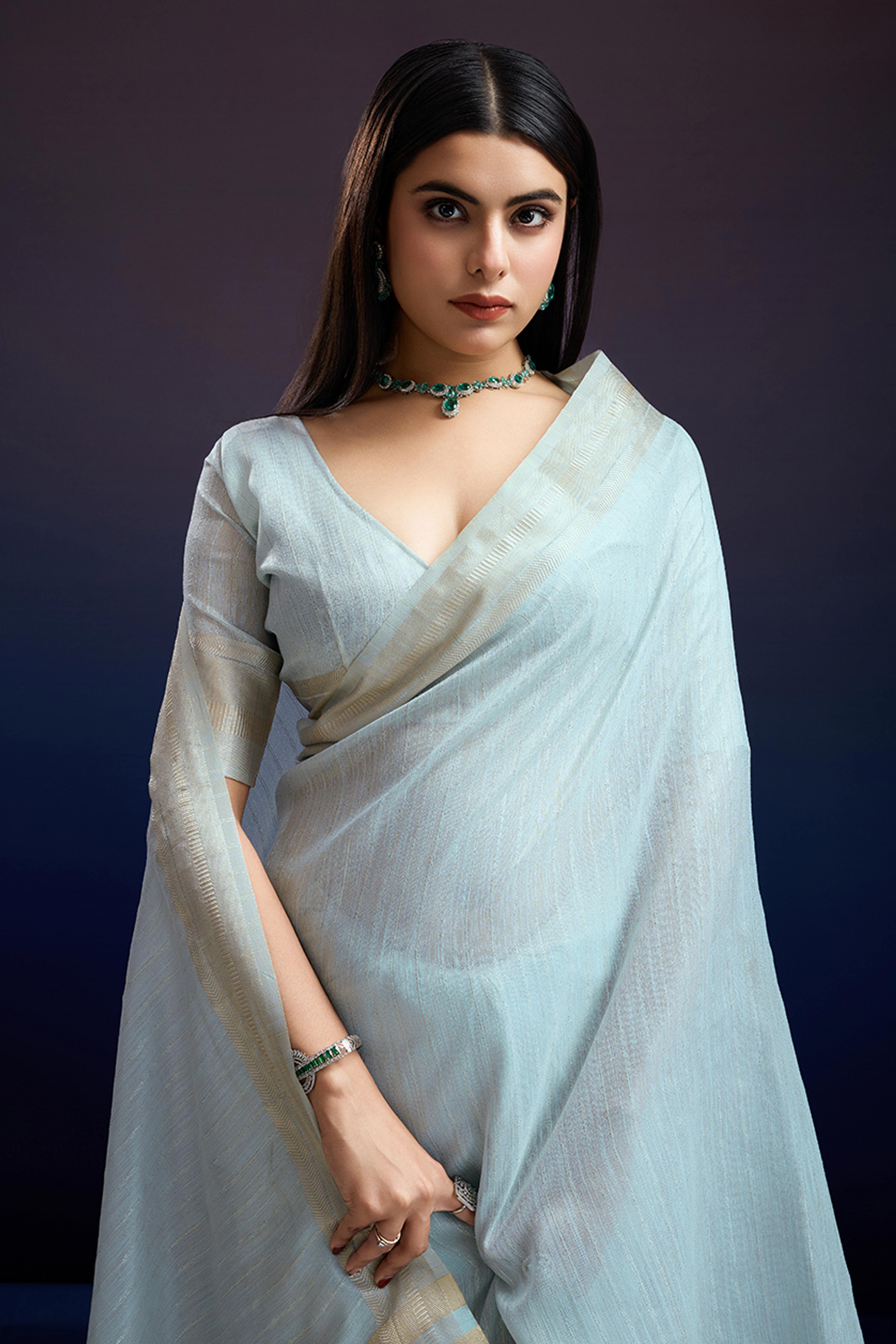 Festive Wear Blue Zari Woven Saree in Pure Linen Fabric