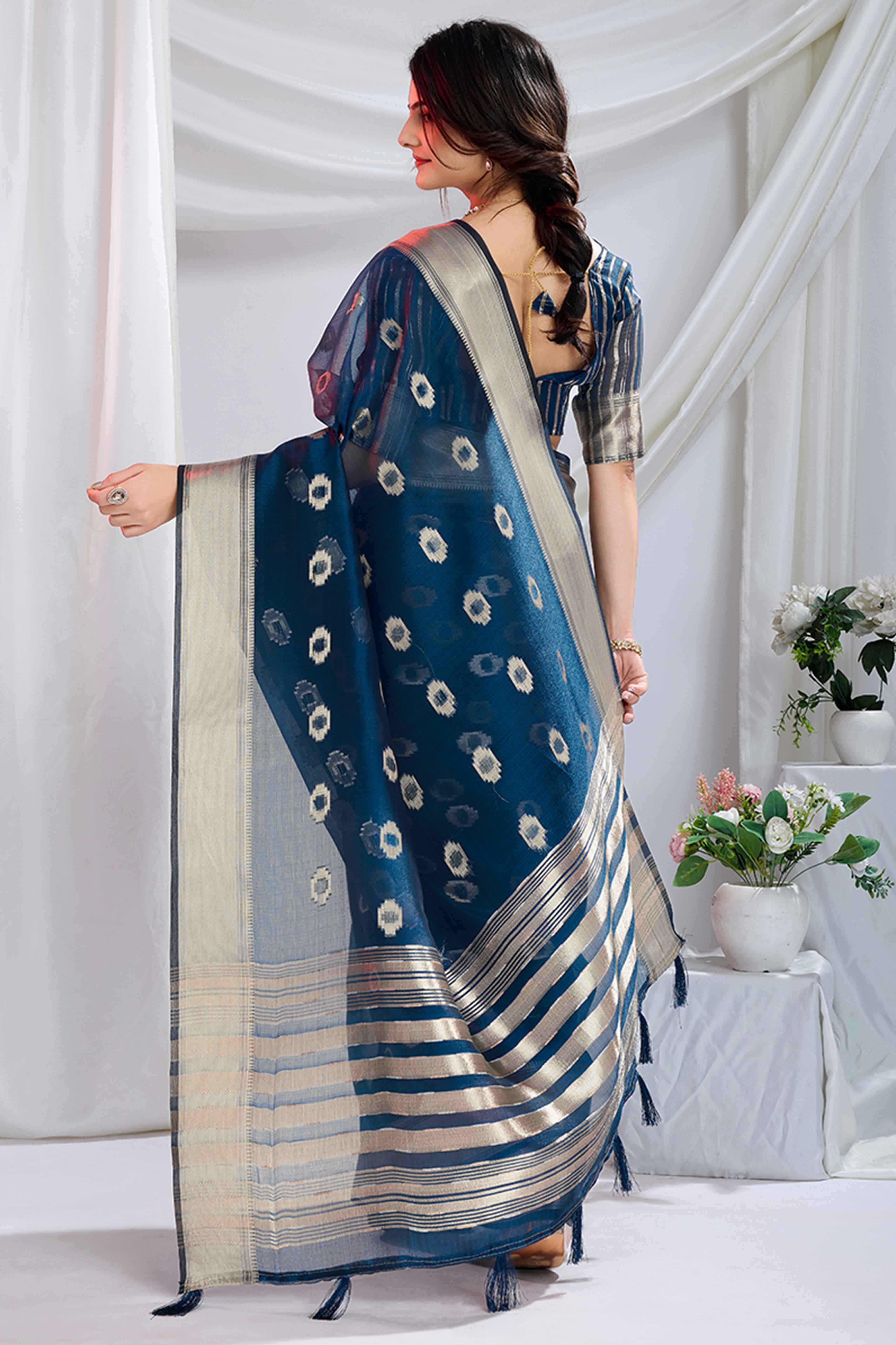 Navy Blue Zari Butti Saree in Lightweight Tissue Fabric