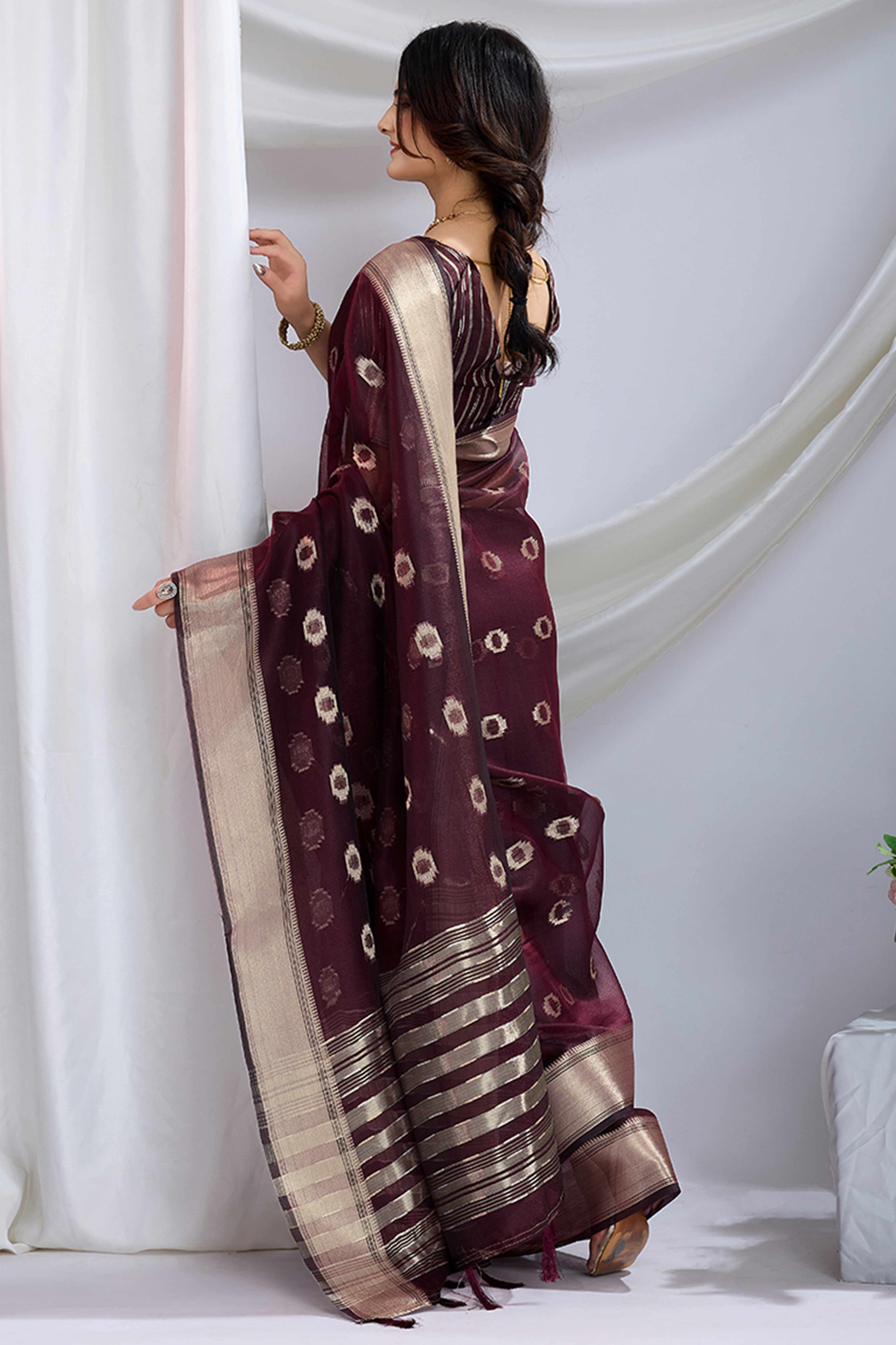 Burgundy Zari Butti Saree in Lightweight Tissue Fabric