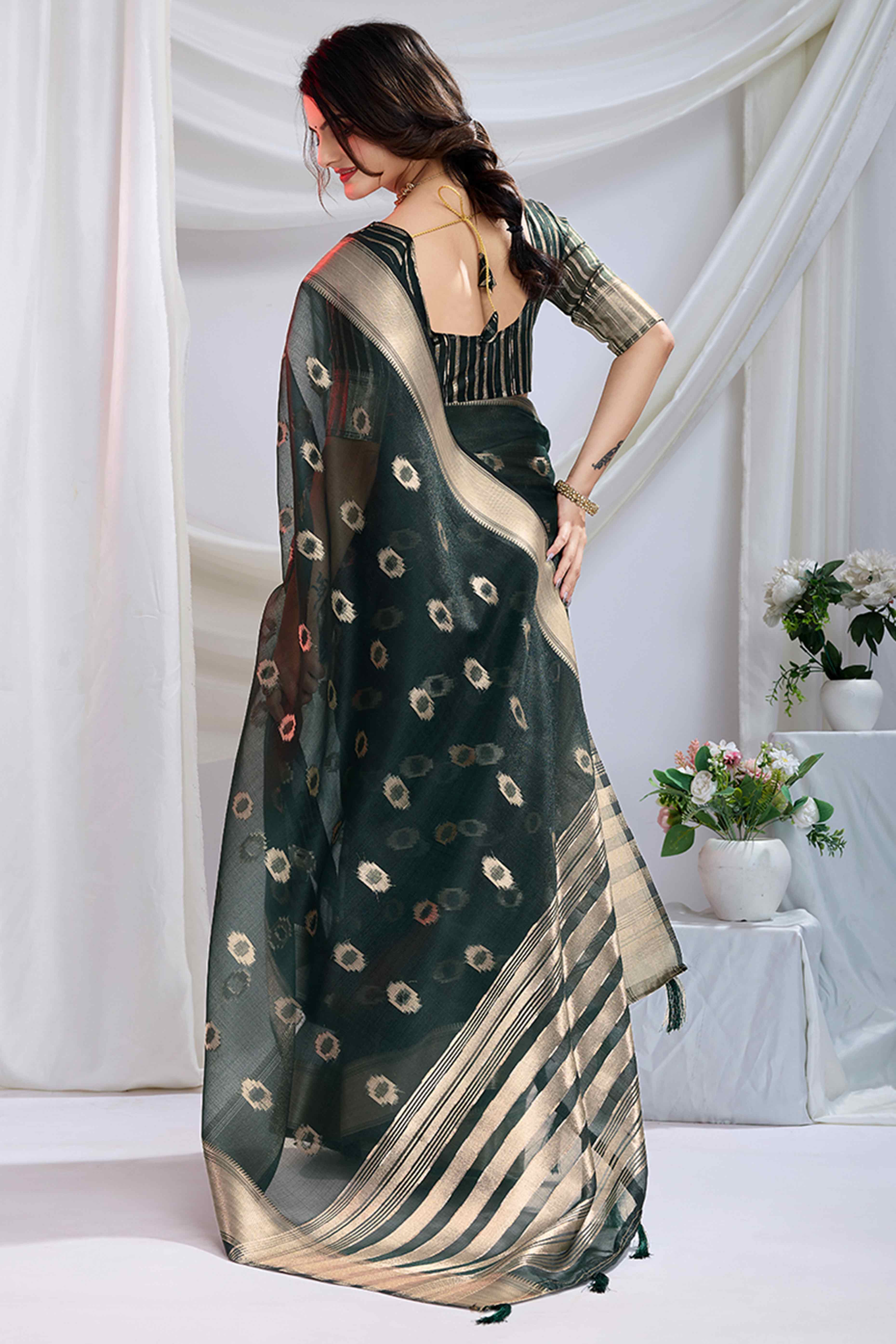 Dark Green Zari Butti Saree in Lightweight Tissue Fabric