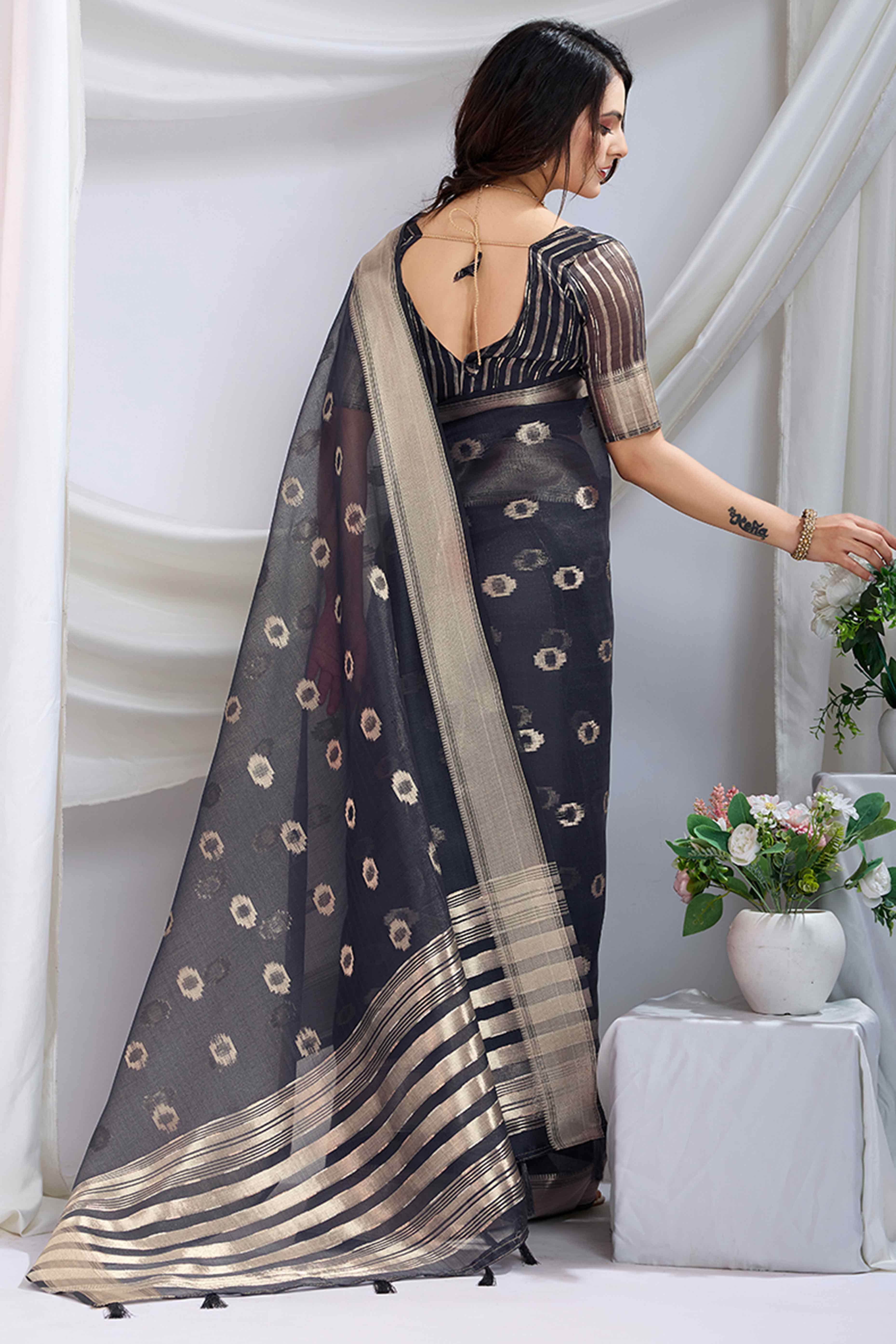 Grey Zari Butti Saree in Lightweight Tissue Fabric