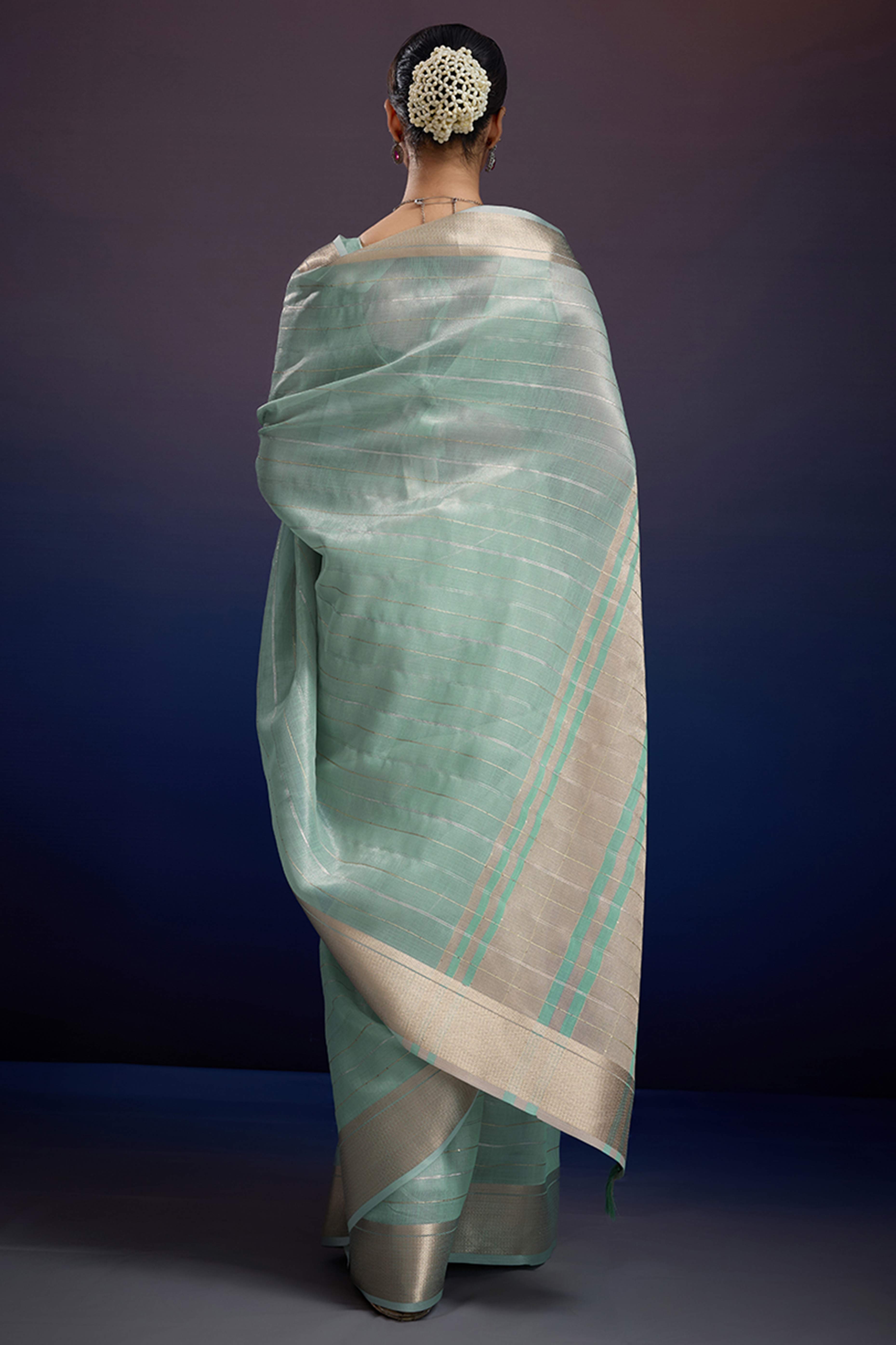Mint Green Pure Linen Saree with Gold Toned Zari Weave