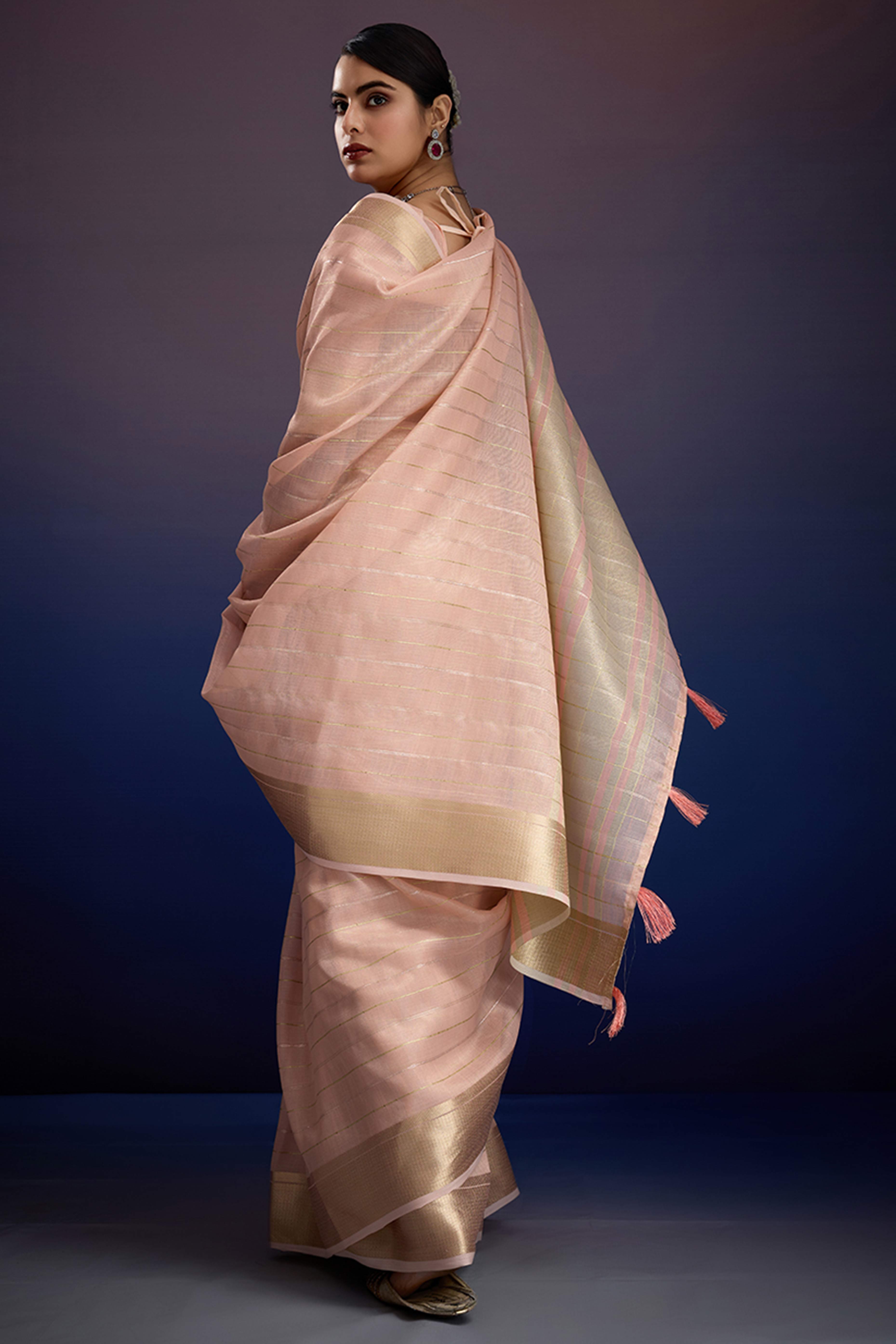 Light Peach Pure Linen Saree with Gold Toned Zari Weave