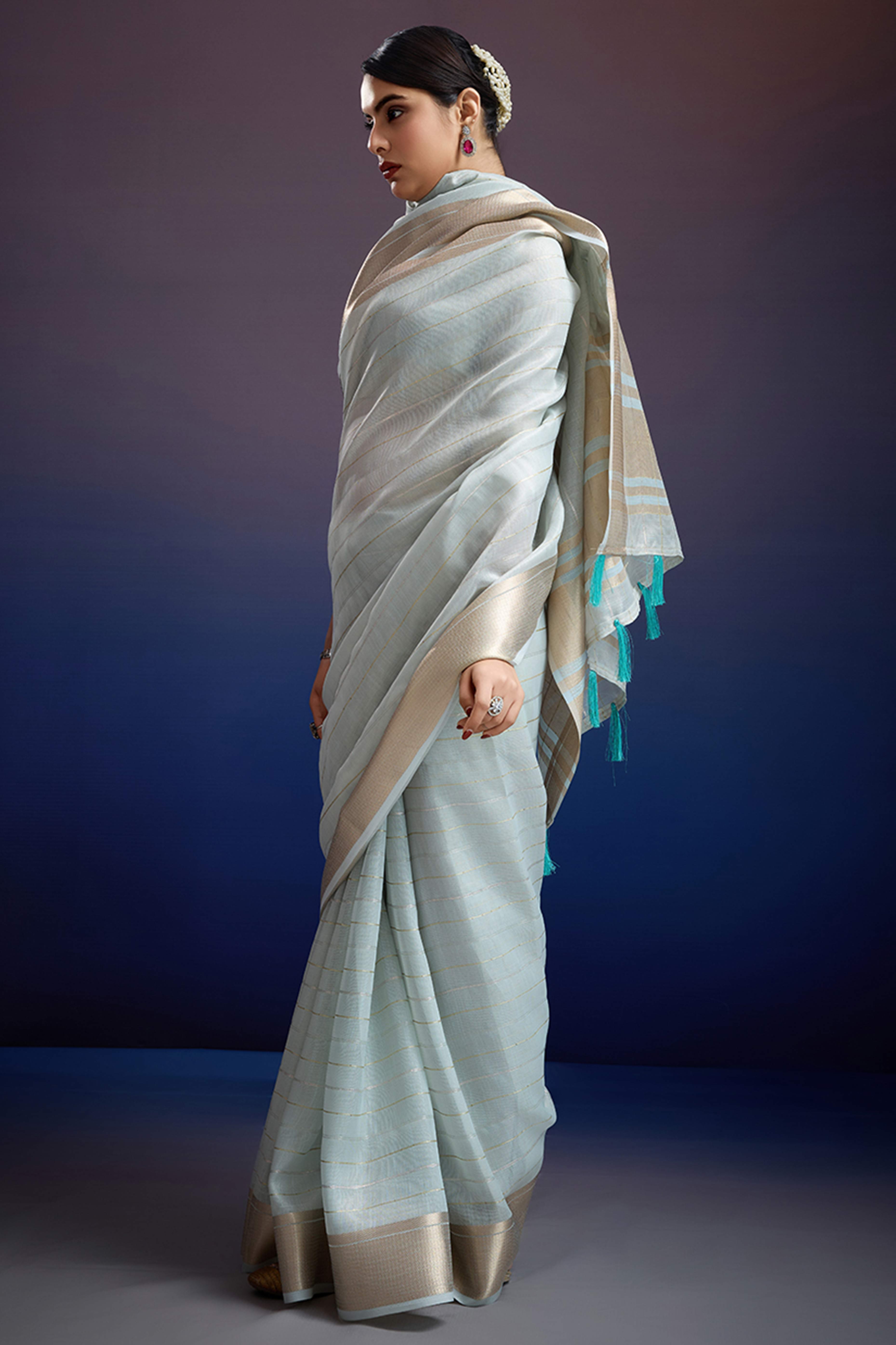 Pastel Blue Pure Linen Saree with Gold Toned Zari Weave